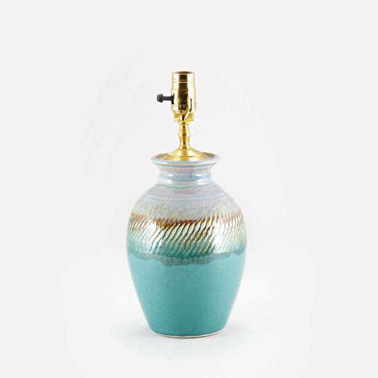 Handmade Pottery 10 Inch Round Table Lamp in Green Oribe pattern made by Carroccia Tony  in Italy