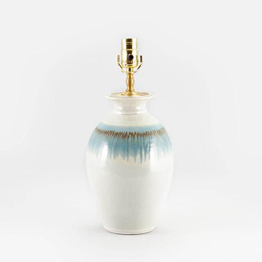 Handmade Pottery 11 Inch Round Table Lamp in Ivory & Blue Oribe pattern made by Carroccia Tony  in Italy