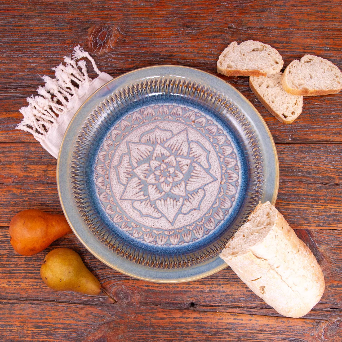 Handmade Pottery 14" Round Platter in Purple Celtic Flower pattern made by Carroccia Tony in Italy