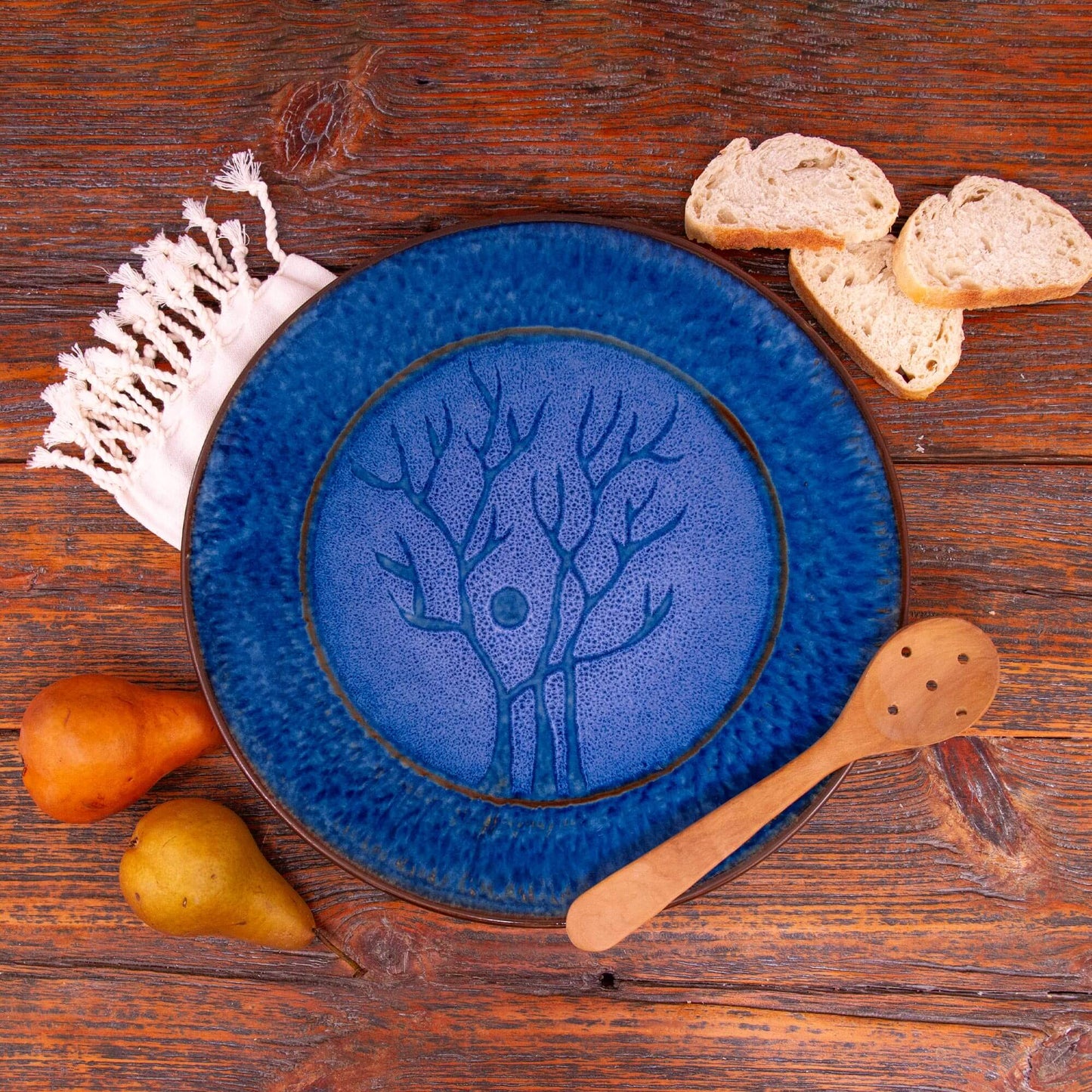 Handmade Pottery 15" Rimless Platter in Blue Tree pattern made by Carroccia Tony in Italy