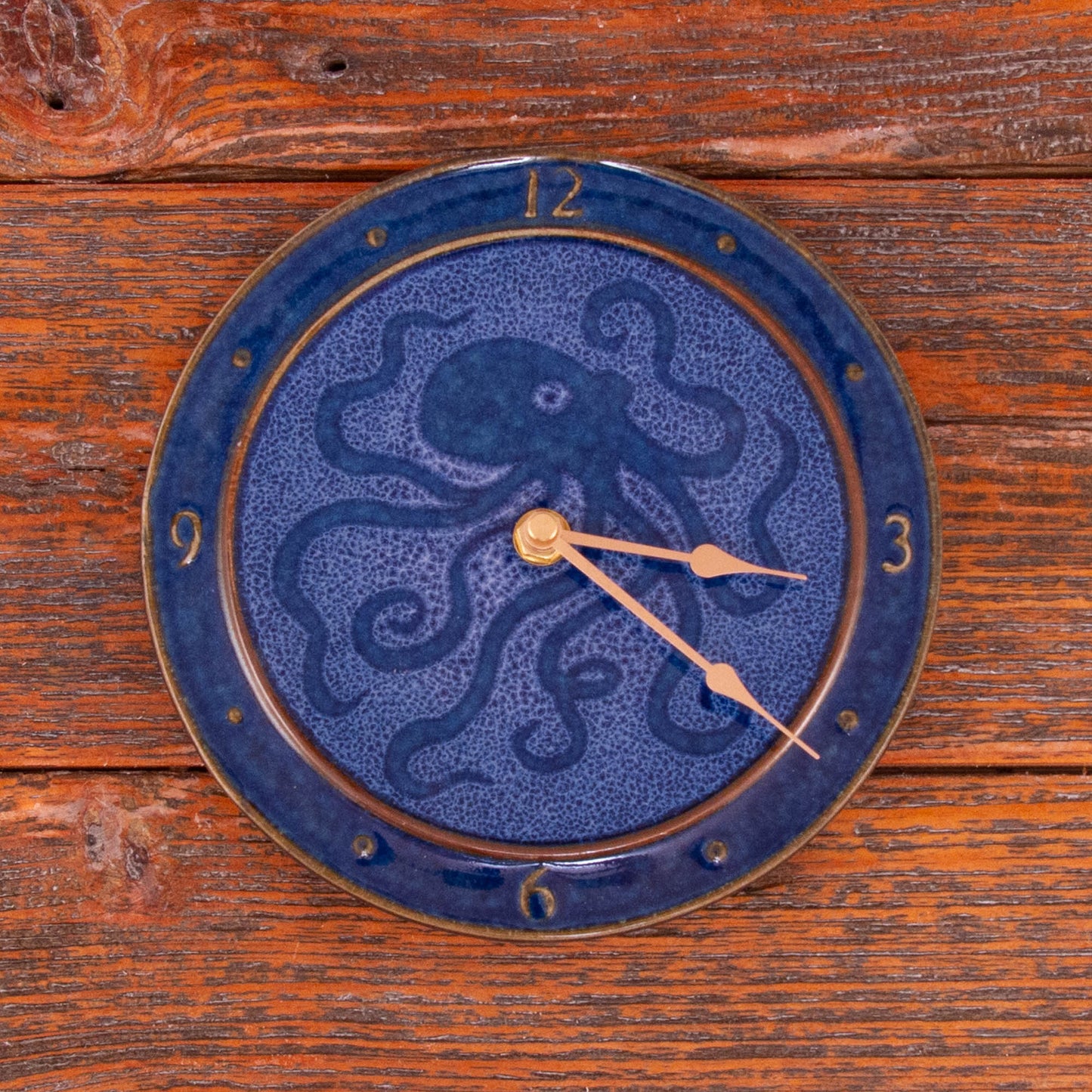Handmade Pottery Large Clock w/ Stand in Blue Octopus pattern made by Carroccia Tony in Italy