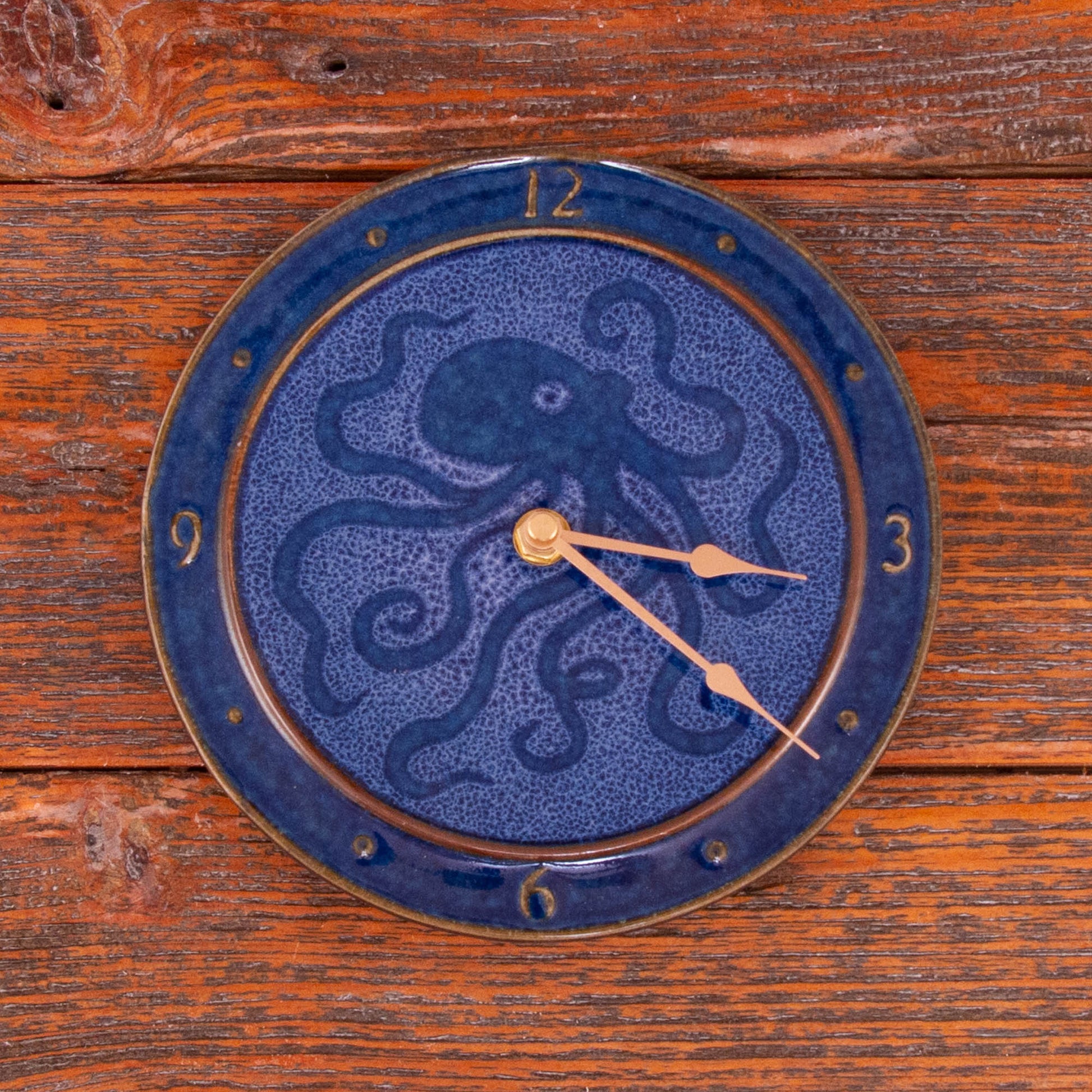 Handmade Pottery Large Clock w/ Stand in Blue Octopus pattern made by Carroccia Tony  in Italy