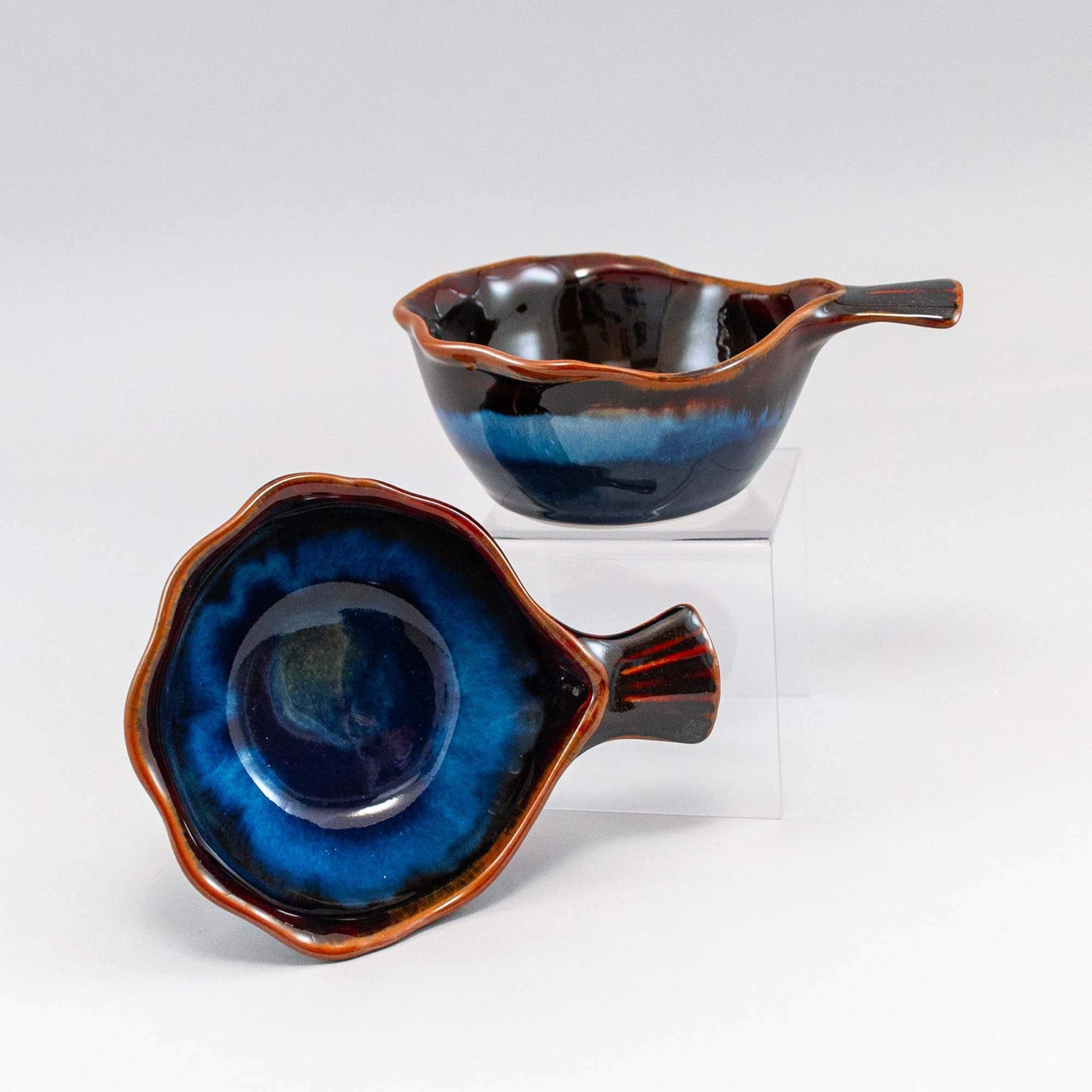 Handmade Pottery Fish Handled Bowl in Blue Hamada pattern made by Carroccia Tony  in Italy
