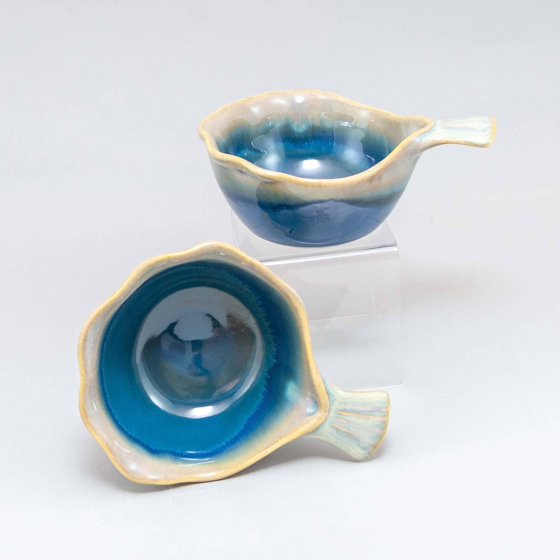 Handmade Pottery Fish Handled Bowl in Blue Oribe pattern made by Carroccia Tony  in Italy