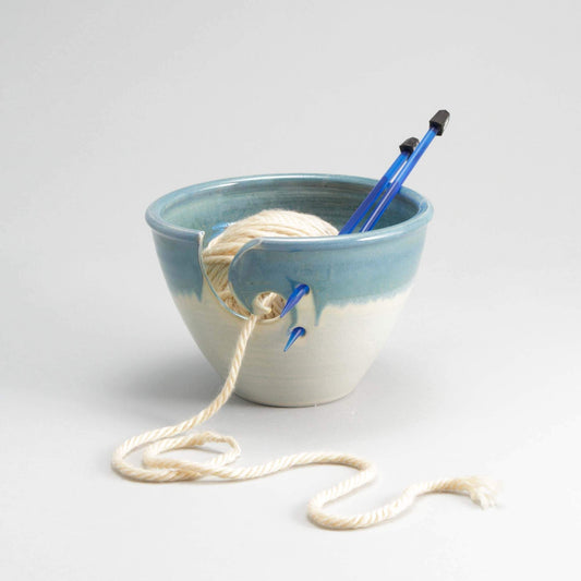 Handmade Pottery Yarn Bowl for Knitting  in Ivory & Blue pattern made by Carroccia Tony  in Italy