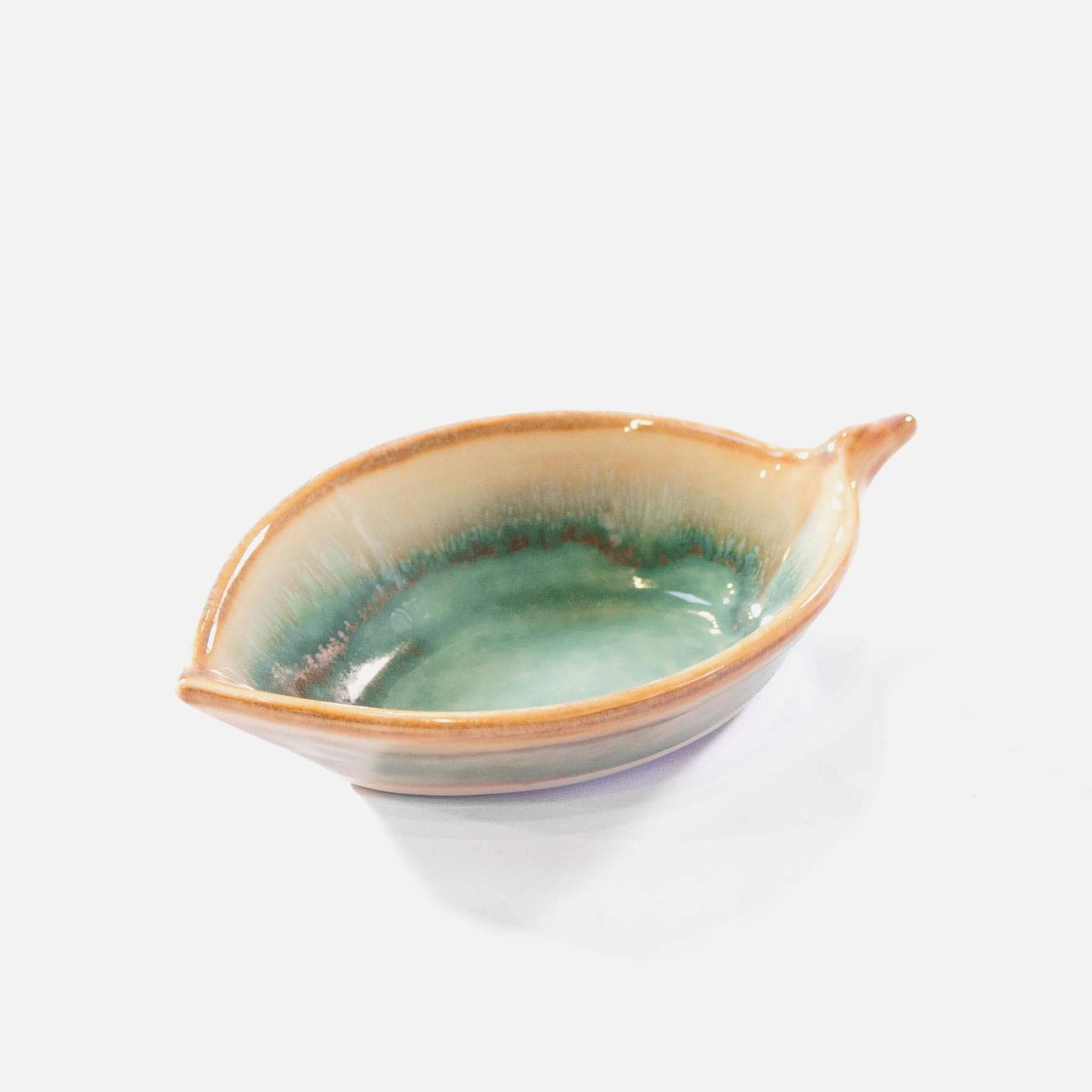 Handmade Pottery Leaf Dish in Green Oribe & Purple made by Carroccia Tony  in Italy