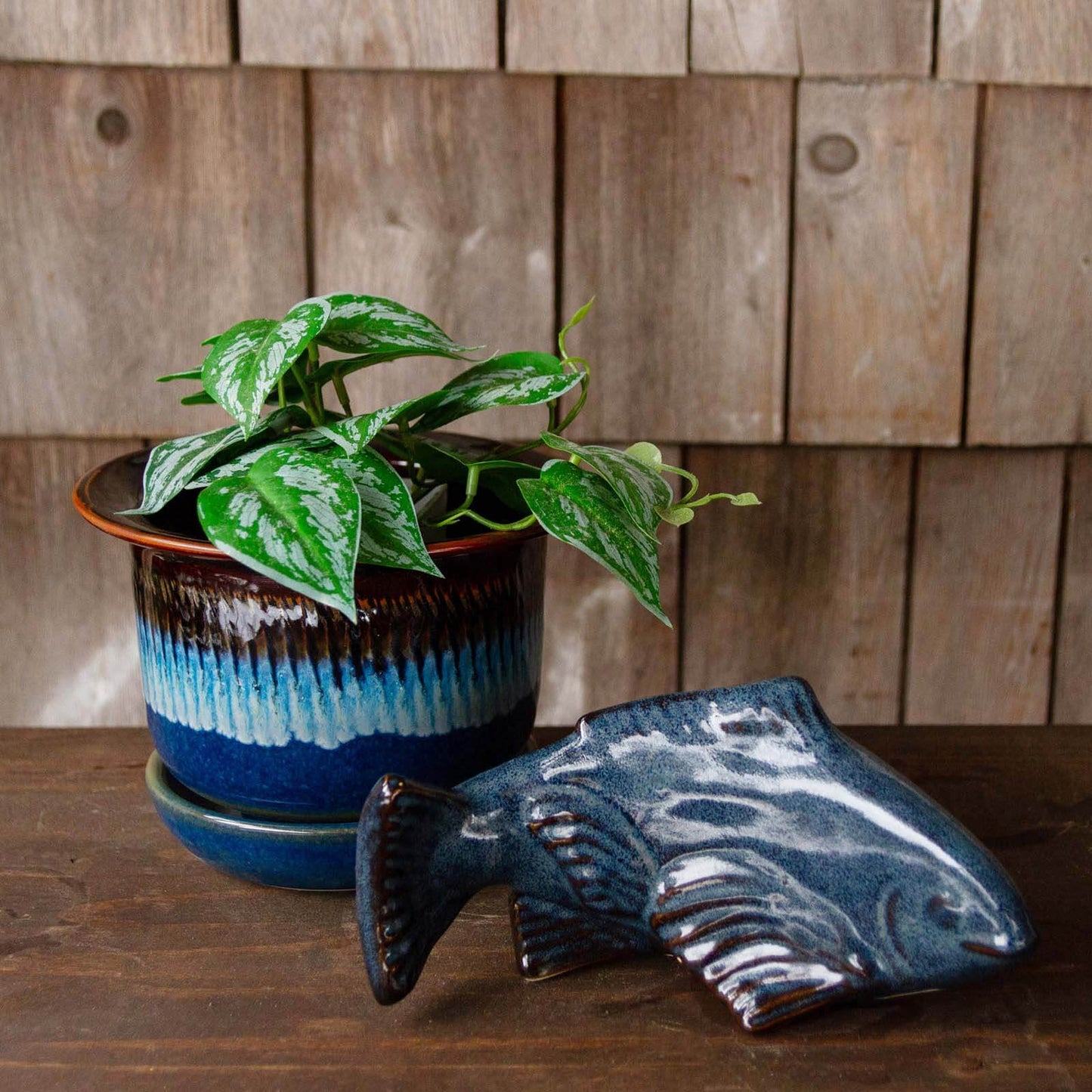 Set, 6" Planter (Chattered Blue Hamada) w/ Small Fish in the Garden