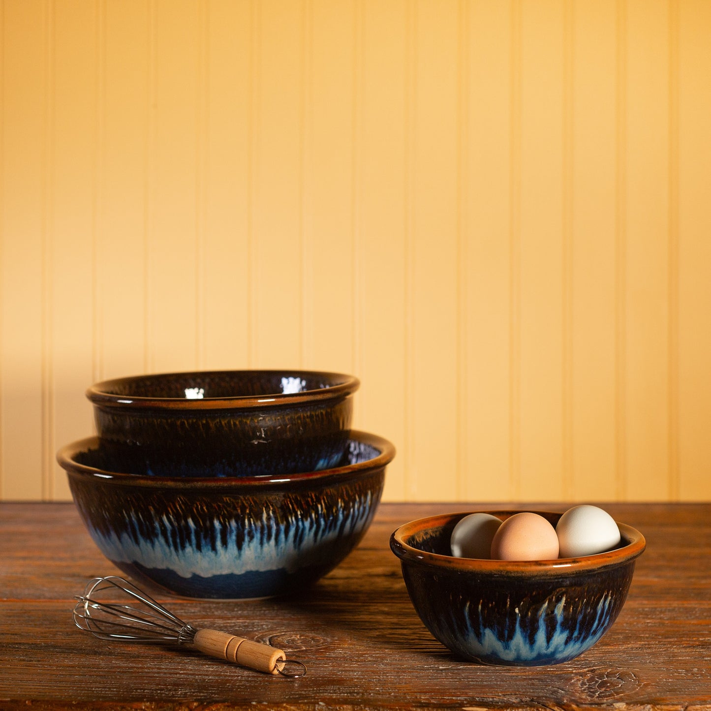 Handmade Pottery Mixing Bowl Set of 3 (6,8,10) in Blue Hamada pattern made by Carroccia Tony in Italy