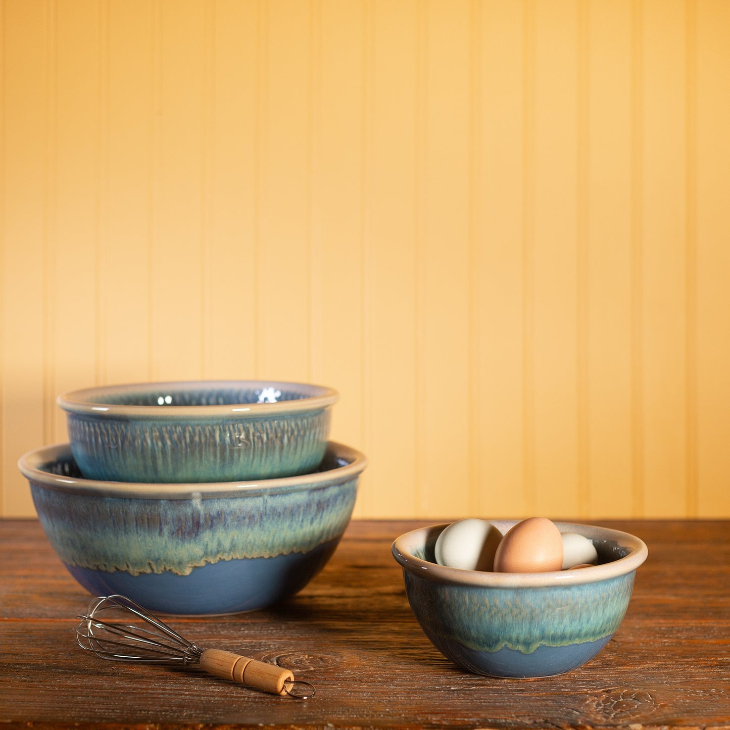 Handmade Pottery Mixing Bowl Set of 3 (6,8,10) in Blue Oribe pattern made by Carroccia Tony in Italy