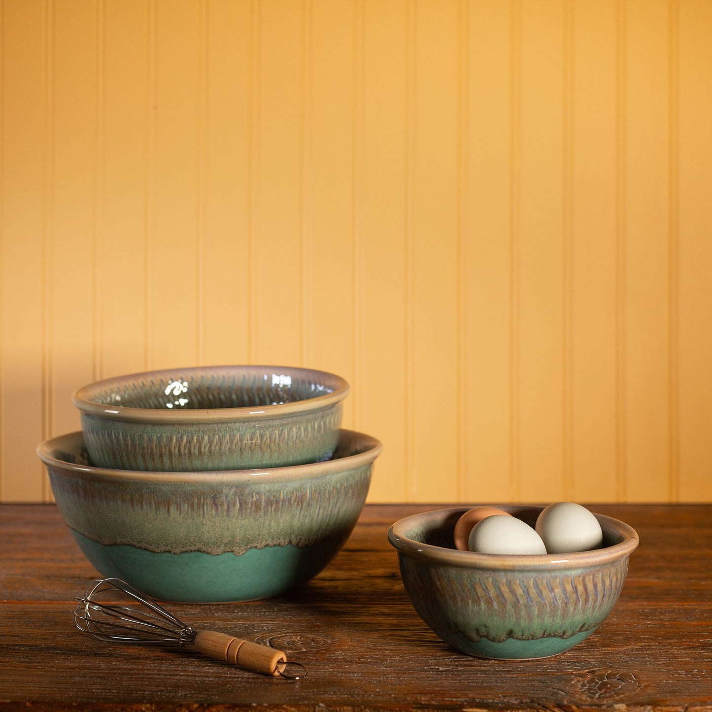 Handmade Pottery Mixing Bowl Set of 3 (6,8,10) in Green Oribe pattern made by Carroccia Tony in Italy