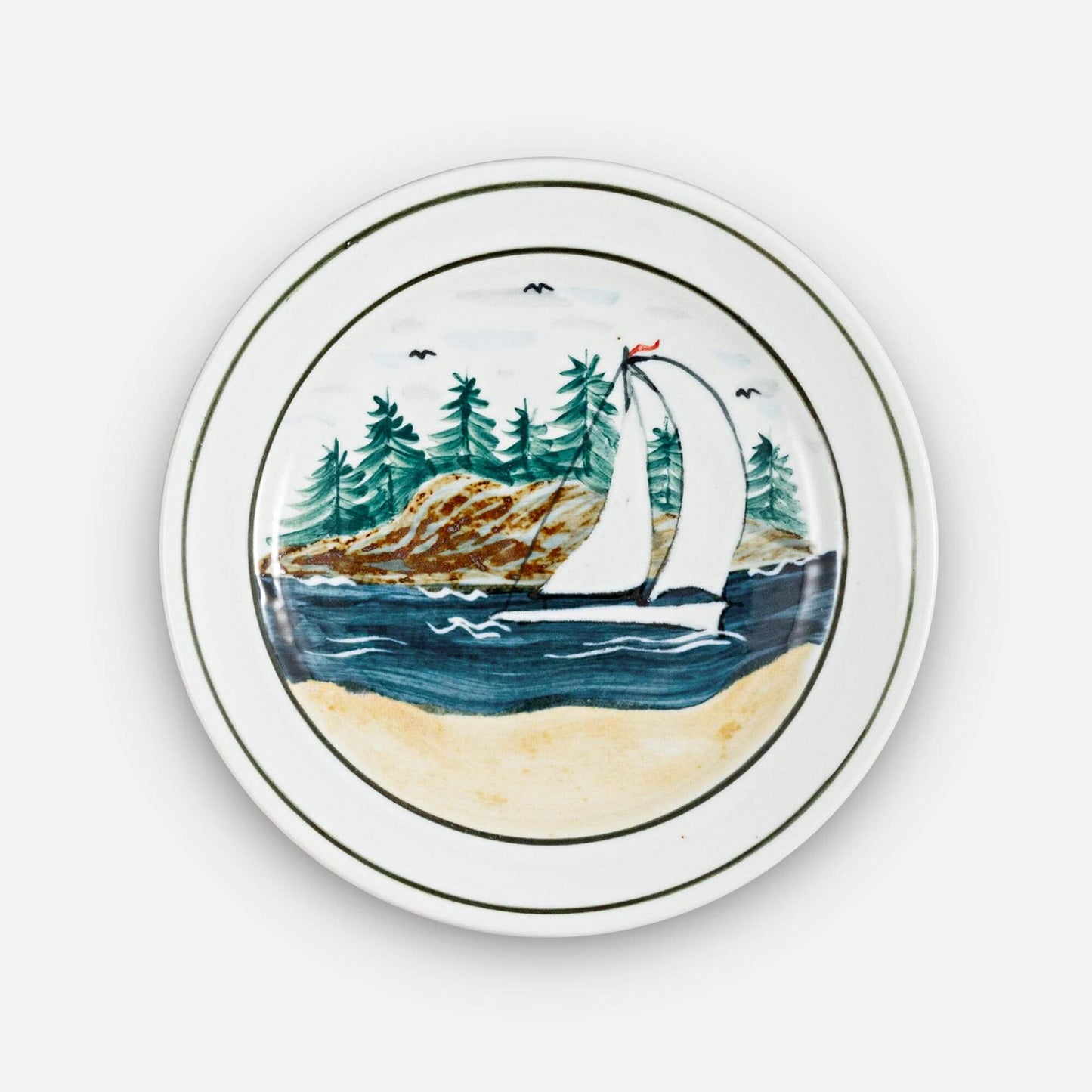 Handmade Pottery Footed Dinner Plate in Sailboat pattern made by Carroccia Tony in Italy