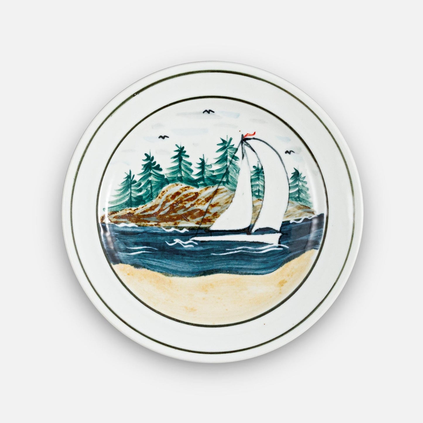 Handmade Pottery Rimless Dinner Plate made by Carroccia Tony in Italy in Sailboat Pattern