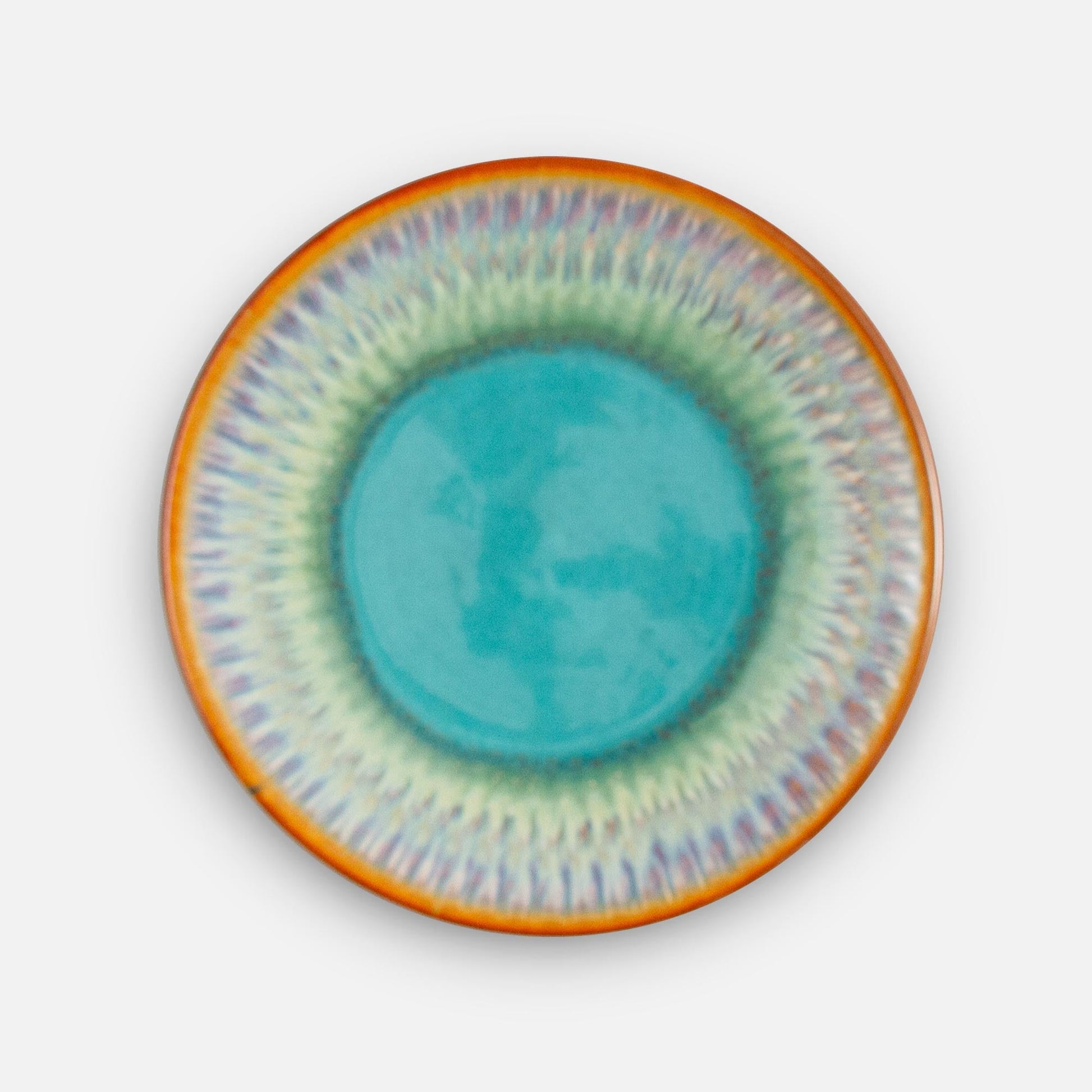 Handmade Pottery Rimless Dessert Plate made by Carroccia Tony  in Italy in Green oribe purple pattern