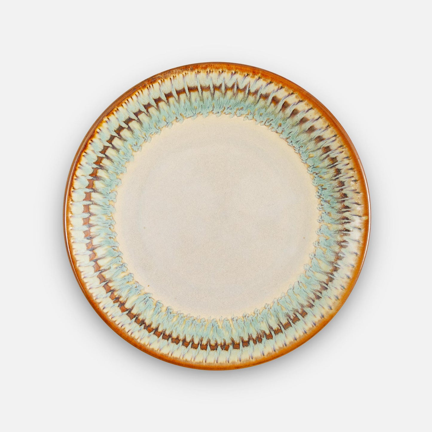 Handmade Pottery Rimless Dinner Plate made by Carroccia Tony in Italy in Ivory Green Oribe pattern