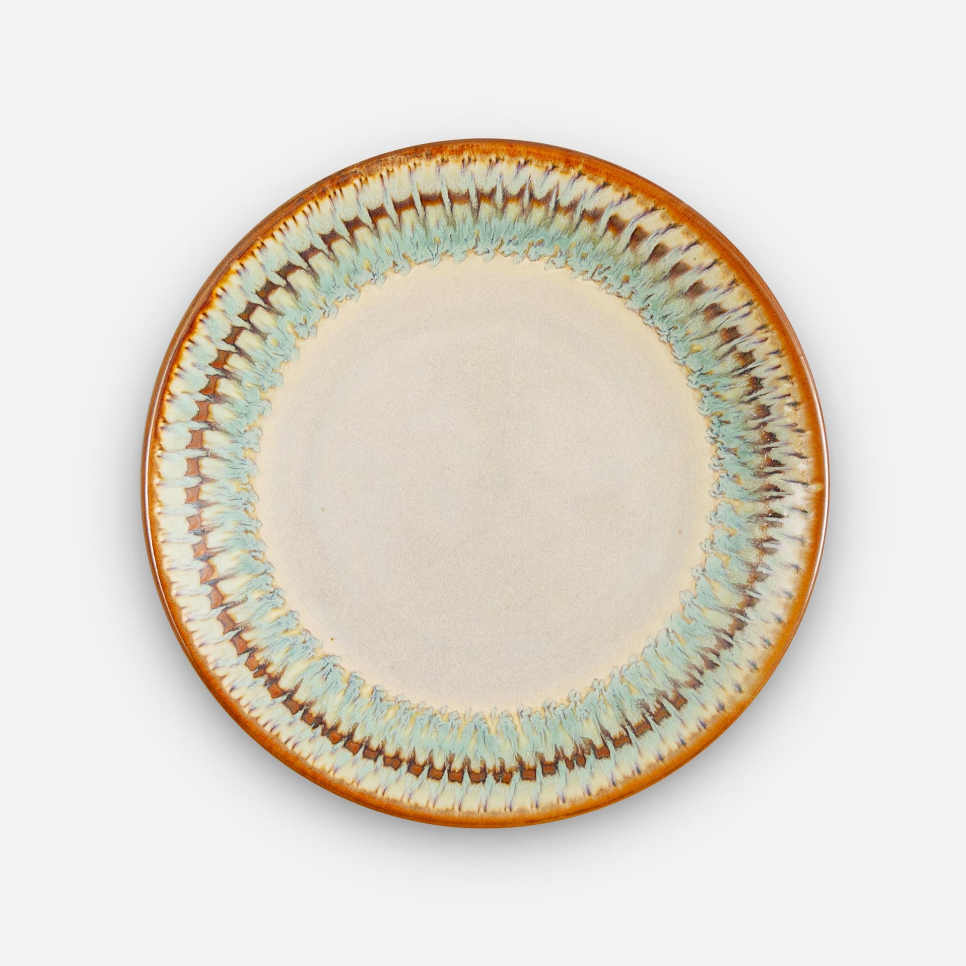 Handmade Pottery Rimless Dinner Plate made by Carroccia Tony  in Italy in Ivory Green Oribe pattern