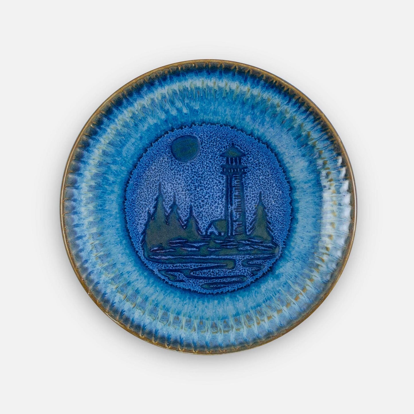 Handmade Pottery Rimless Dinner Plate made by Carroccia Tony in Italy in Blue Lighthouse
