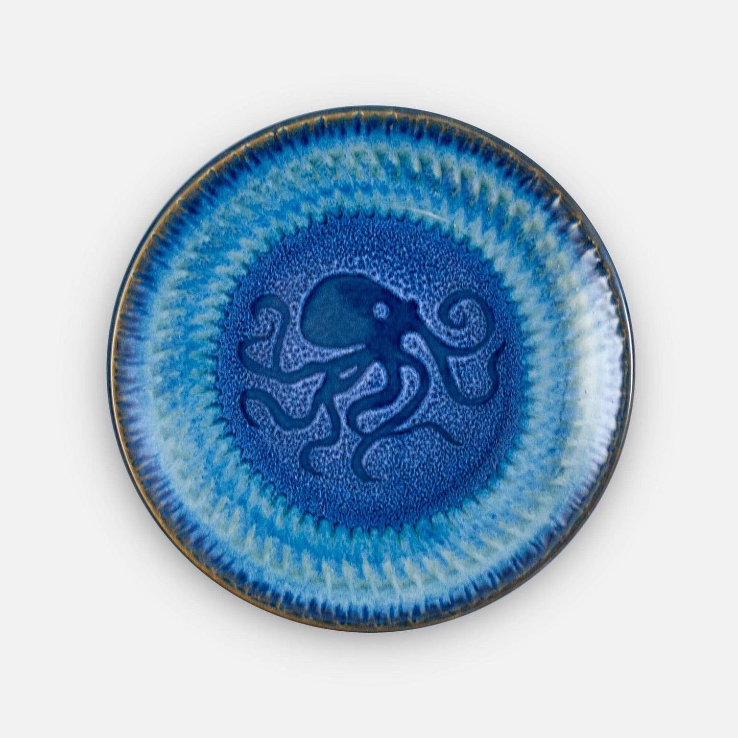 Handmade Pottery Rimless Dinner Plate made by Carroccia Tony in Italy in Blue Octopus pattern