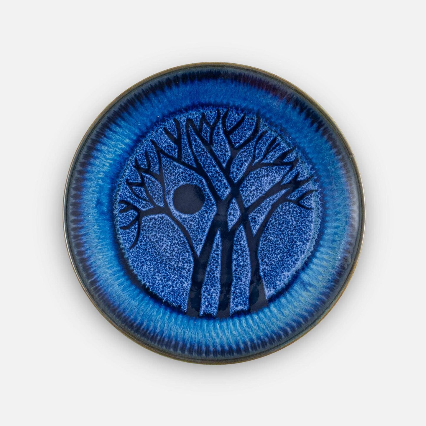 Handmade Pottery Rimless Dinner Plate made by Carroccia Tony in Italy in Blue Tree Pattern