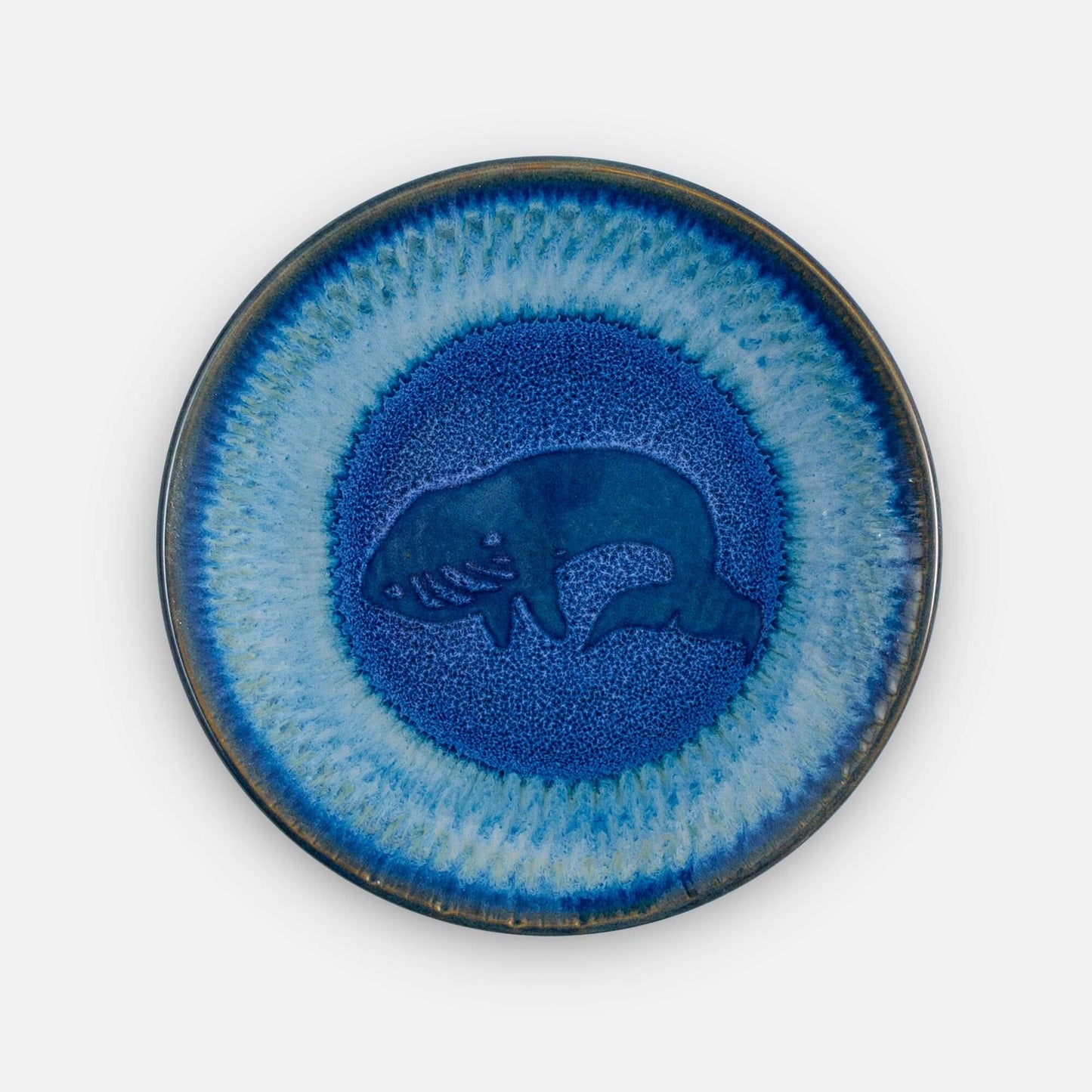 Handmade Pottery Rimless Dinner Plate made by Carroccia Tony in Italy in Blue Whale Pattern