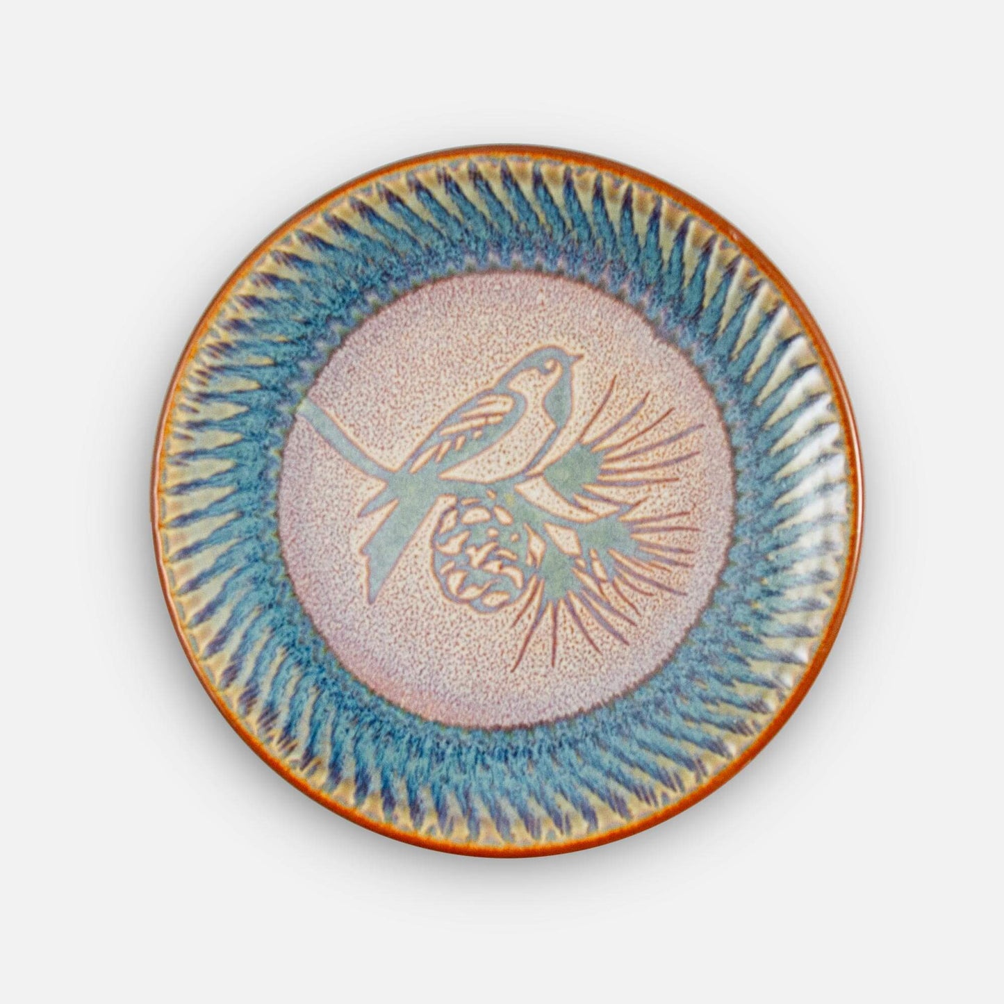 Handmade Pottery Rimless Dinner Plate made by Carroccia Tony in Italy in Purple Chickadee Pattern