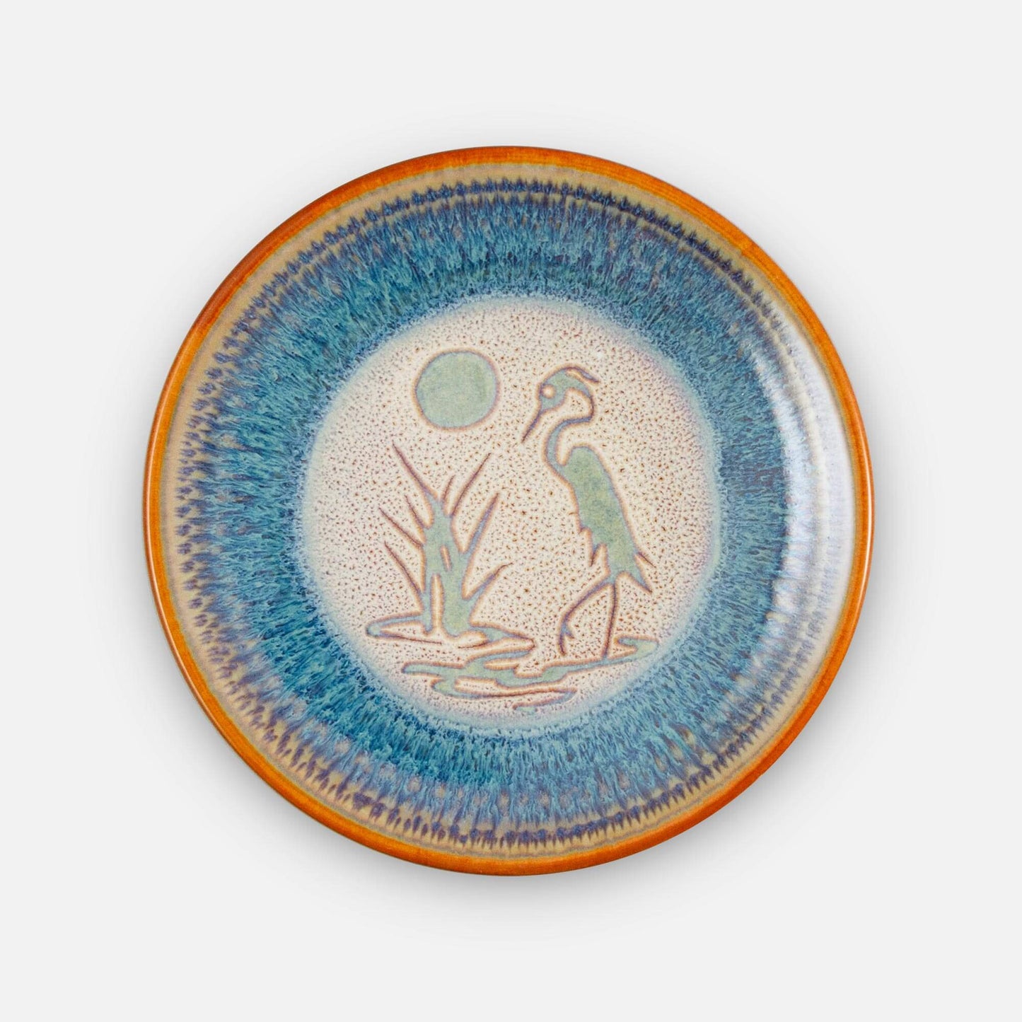 Handmade Pottery Rimless Dinner Plate made by Carroccia Tony in Italy in Purple Heron pattern