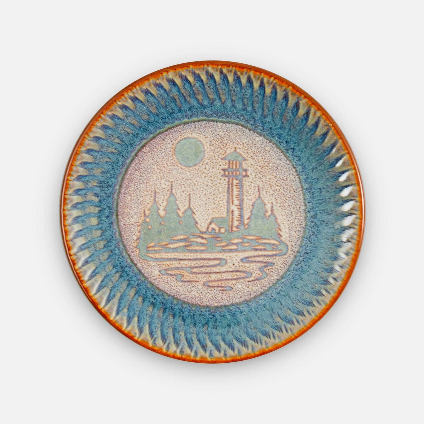 Handmade Pottery Rimless Dinner Plate made by Carroccia Tony in Italy in Purple Lighthouse pattern