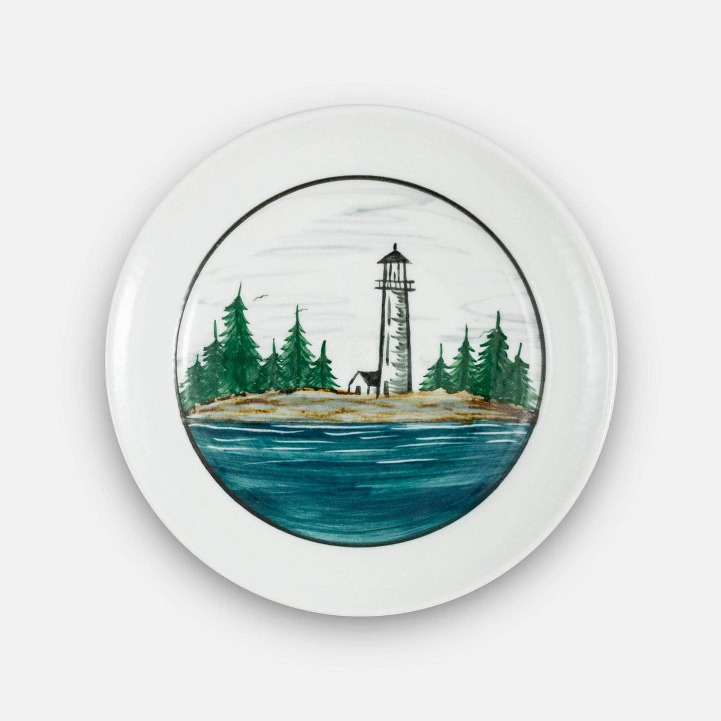Handmade Pottery Footed Dinner Plate in Lighthouse pattern made by Carroccia Tony in Italy