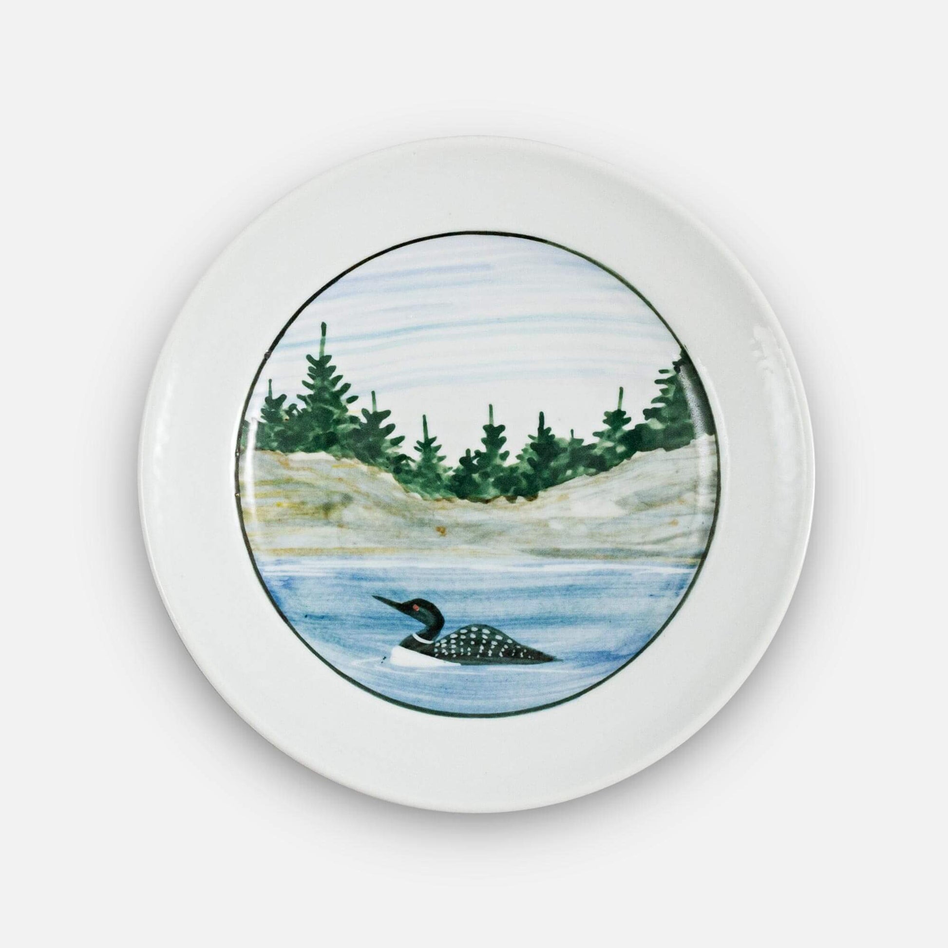 Handmade Pottery Classic Dinner Plate in Loon pattern made by Carroccia Tony in Italy