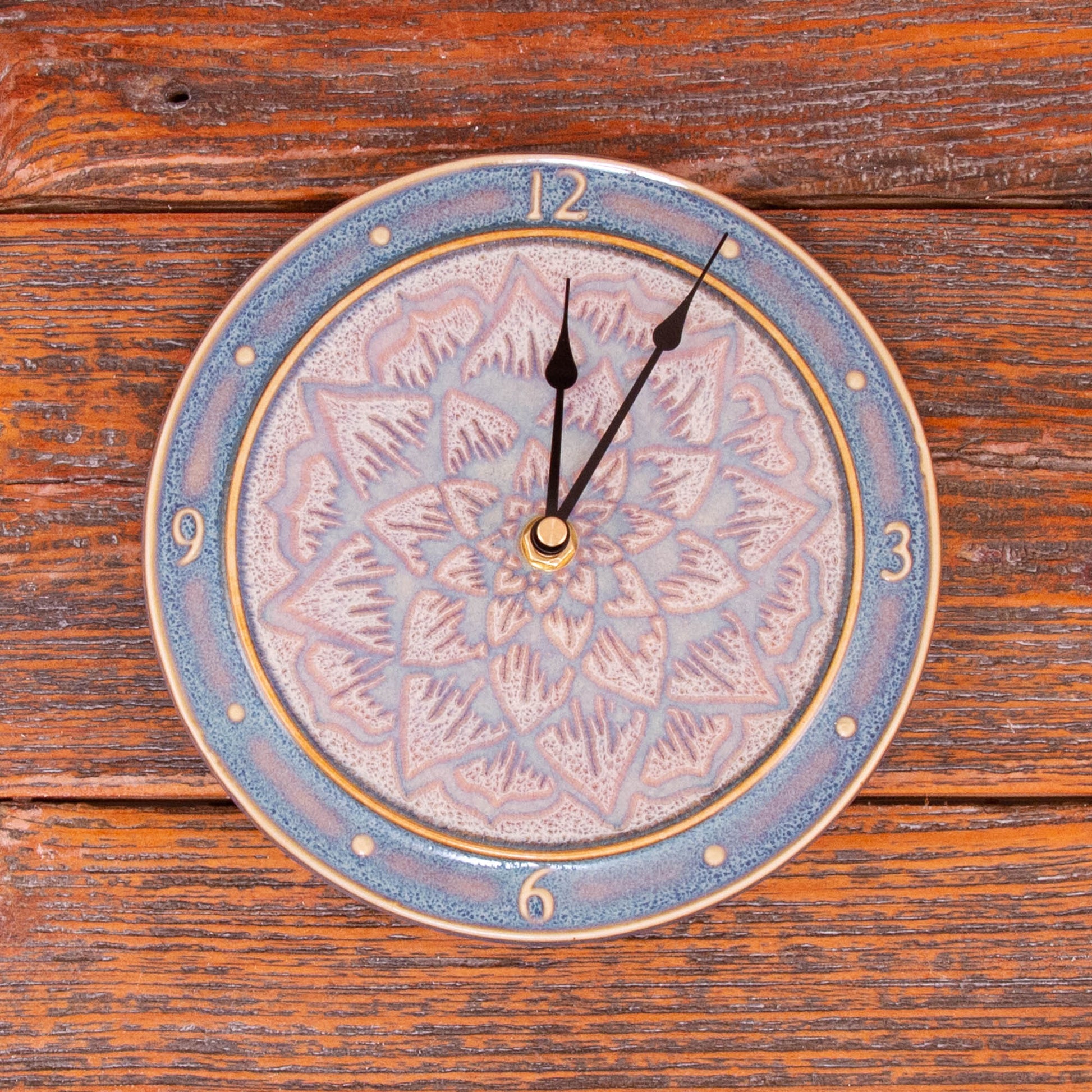 Handmade Pottery Large Clock w/ Stand in Purple Celtic Flower pattern made by Carroccia Tony  in Italy