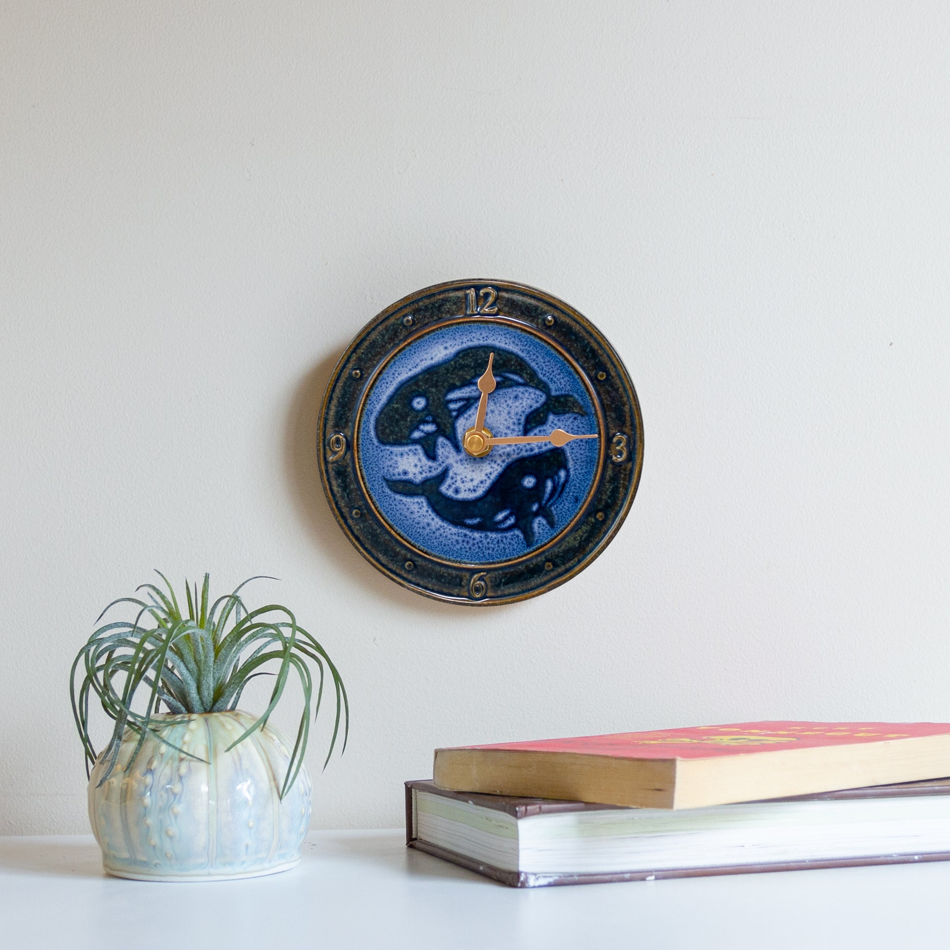 Handmade Pottery Small Clock w/ Stand in Blue Whale pattern made by Carroccia Tony  in Italy