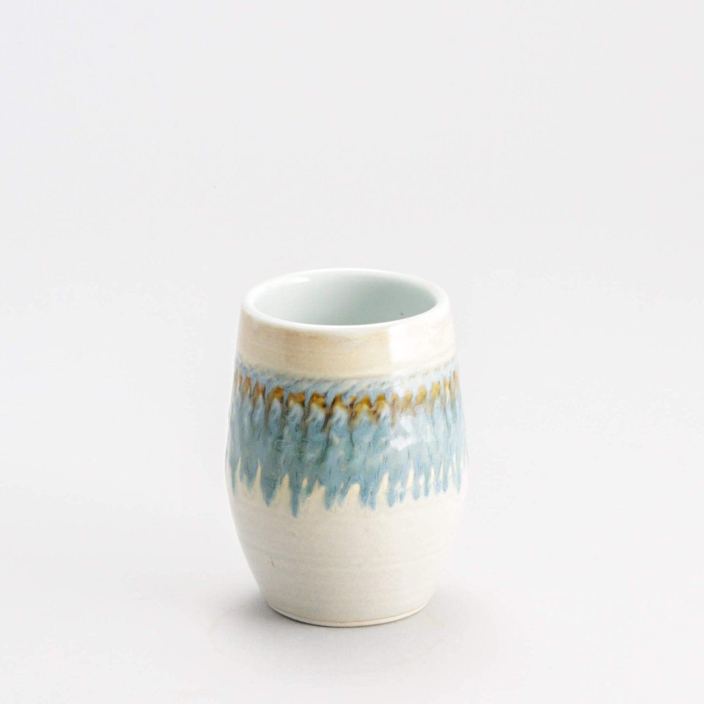 Handmade Pottery Stemless Wine Tumbler made by Carroccia Tony in Italy Ivory & Blue Oribe