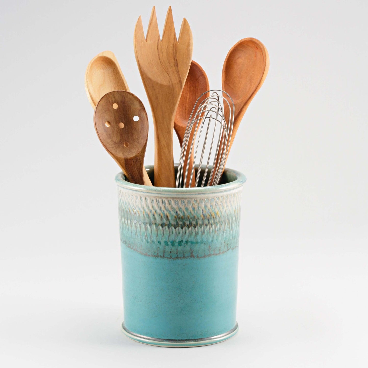 Handmade Pottery Utensil Holder in Green Oribe pattern made by Carroccia Tony in Italy