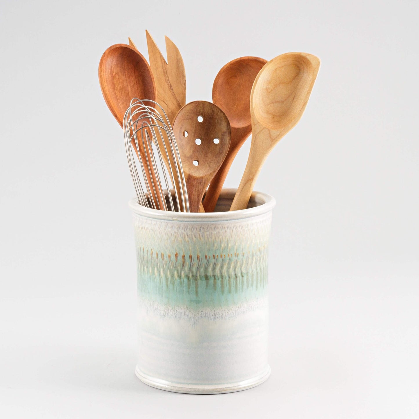 Handmade Pottery Utensil Holder in Ivory & Green pattern made by Carroccia Tony in Italy