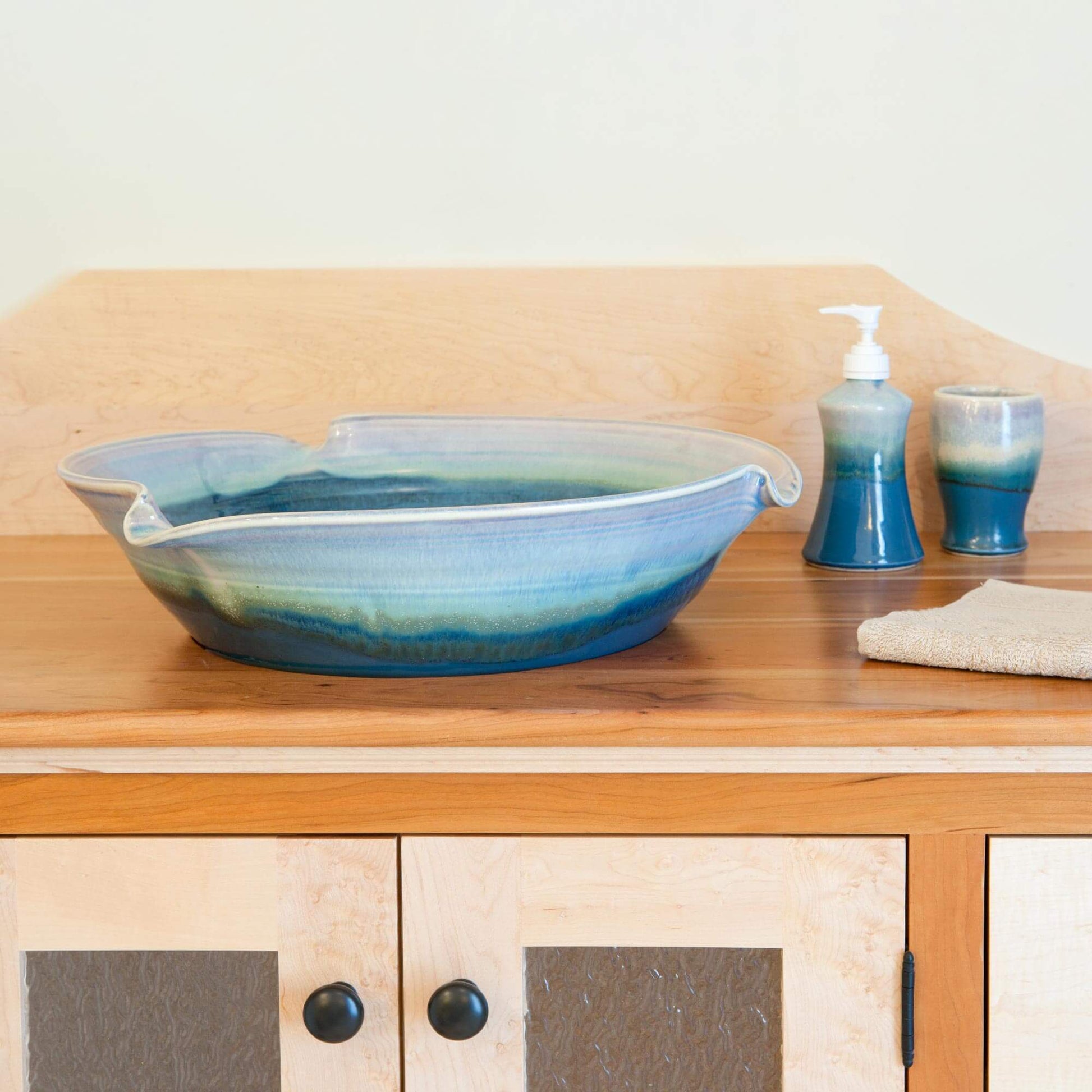 Handmade Pottery Vessel Wave Edge Sink in Blue Oribe and Purple pattern made by Carroccia Tony  in Italy