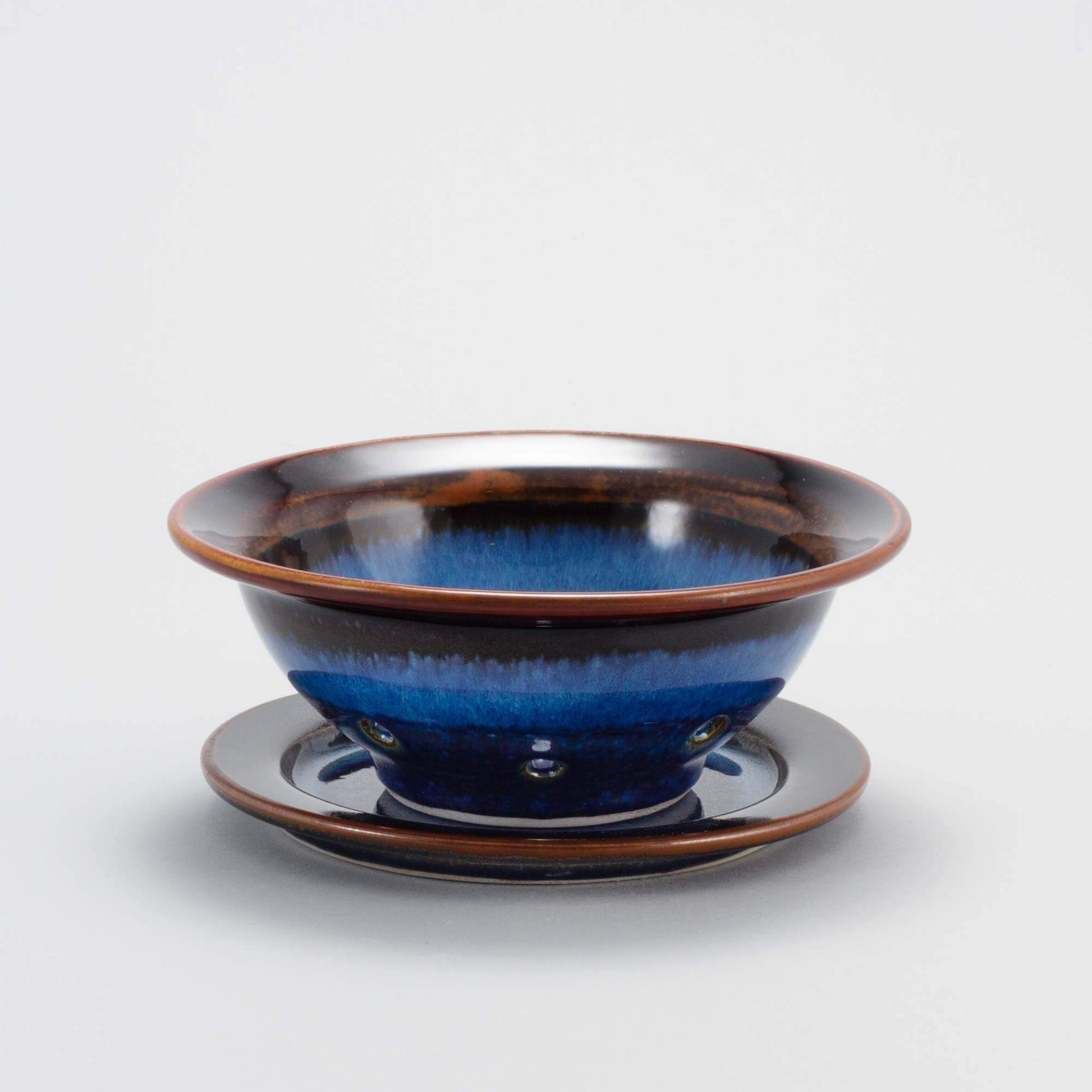 Handmade Pottery Berry Bowl with Plate in Blue Hamada pattern made by Carroccia Tony in Italy