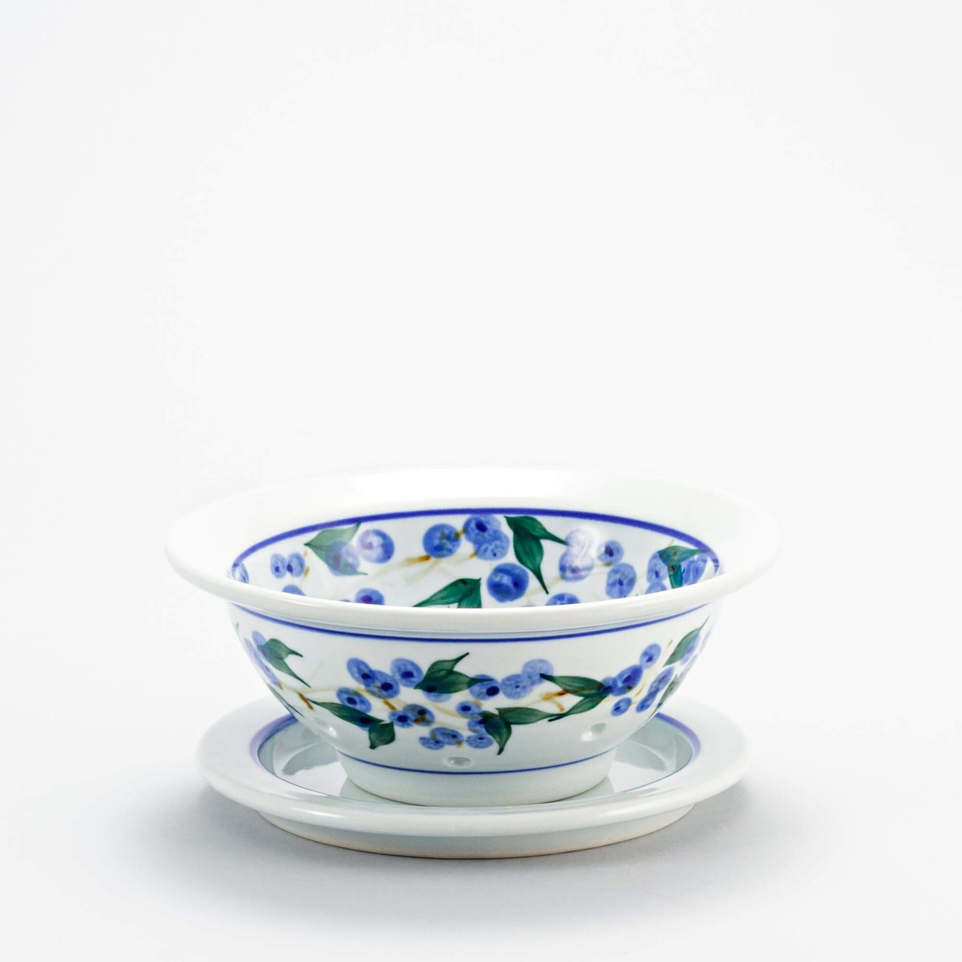 Handmade Pottery Berry Bowl with Plate in Blueberry pattern made by Carroccia Tony in Italy
