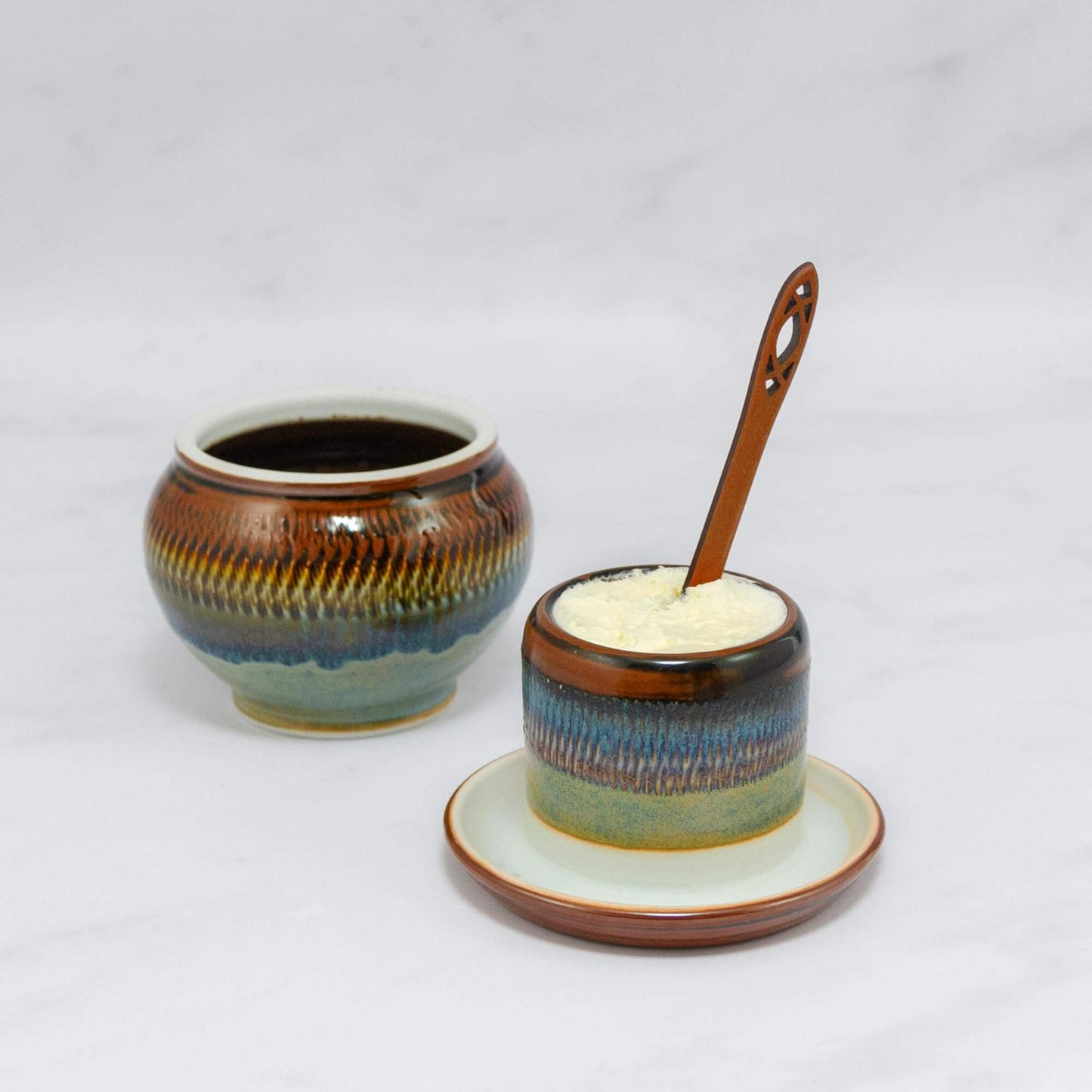 Handmade Pottery French Butter Keeper in Purple Hamada pattern made by Carroccia Tony in Italy
