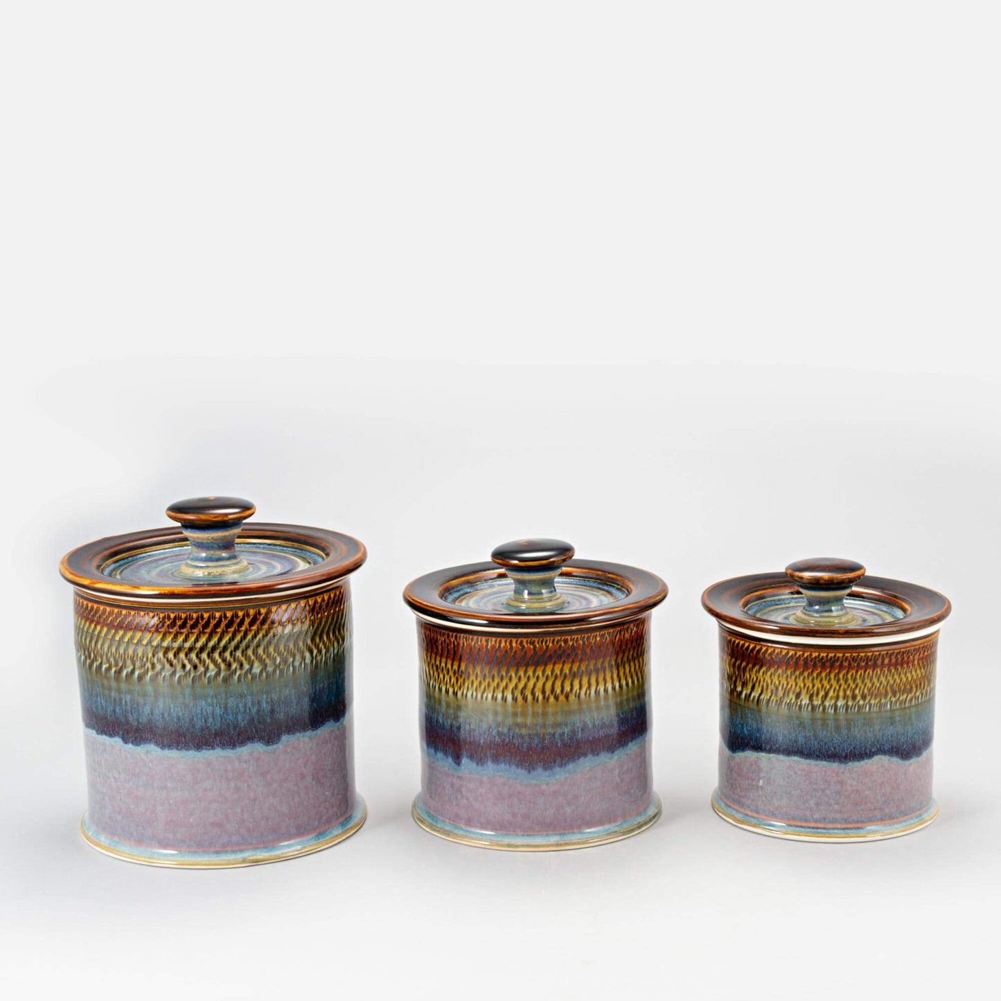 Handmade Pottery Canister Set in Purple Hamada pattern made by Carroccia Tony in Italy