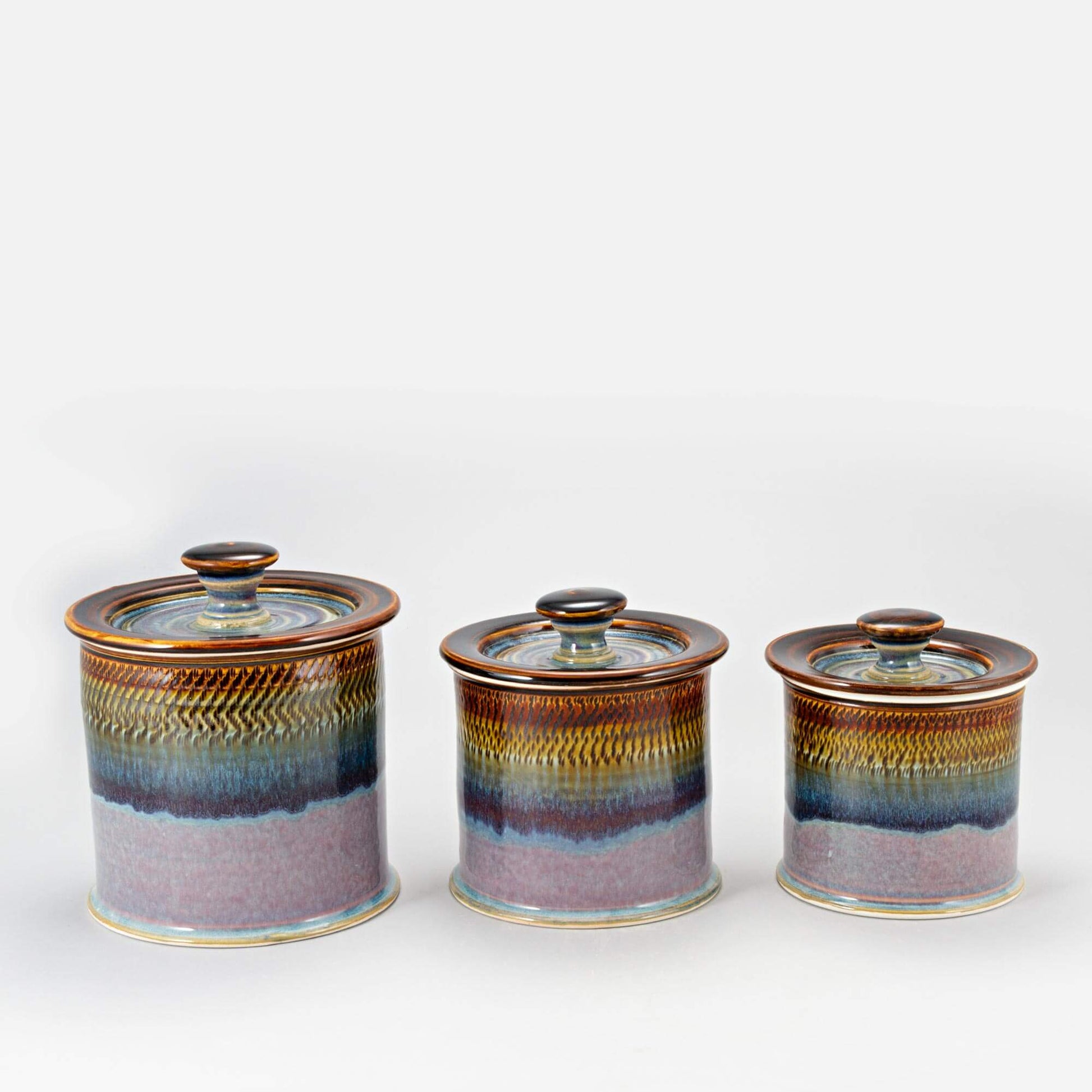 Handmade Pottery Canister Set in Purple Hamada pattern made by Carroccia Tony in Italy