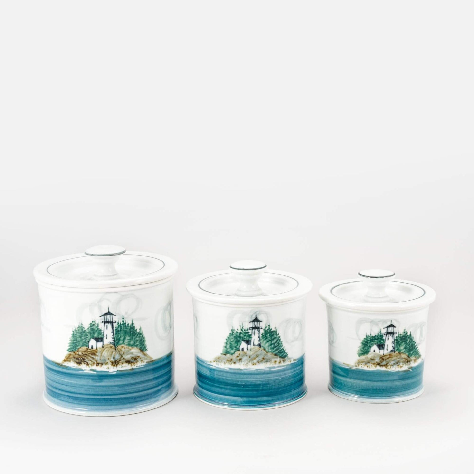 Handmade Pottery Canister Set in Lighthouse pattern made by Carroccia Tony in Italy