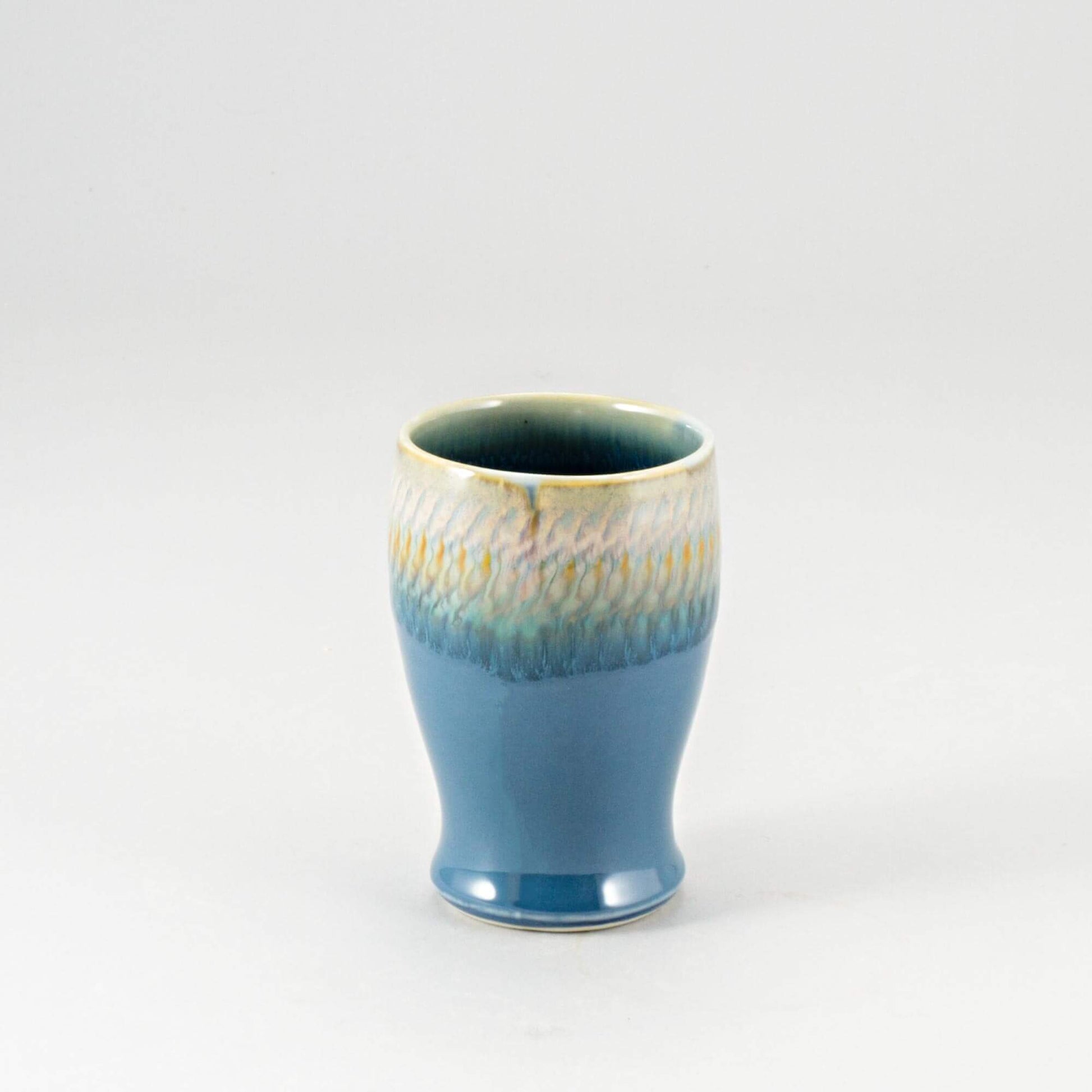 Handmade Pottery Curvy Tumbler in Blue Oribe pattern made by Carroccia Tony in Italy