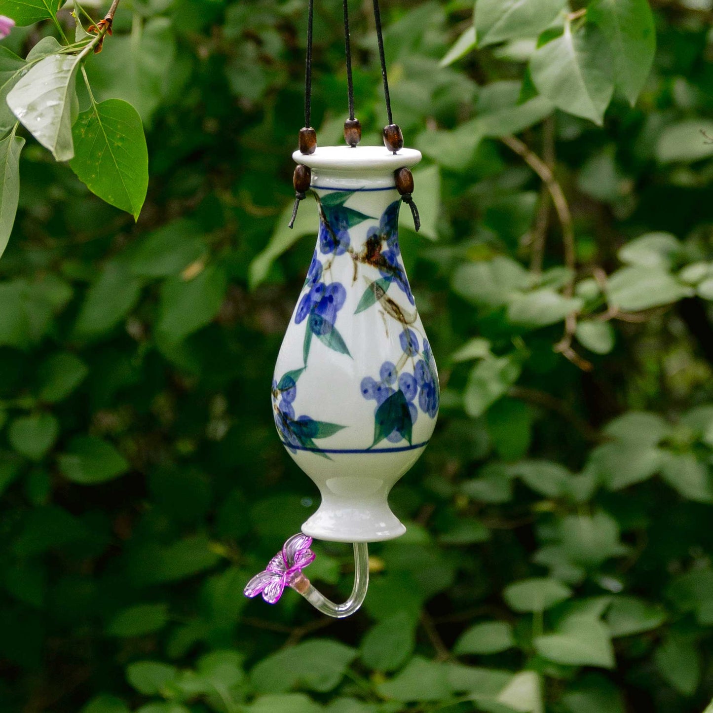 Handmade Pottery Bottle Hummingbird Feeder in Blueberry pattern made by Carroccia Tony in Italy