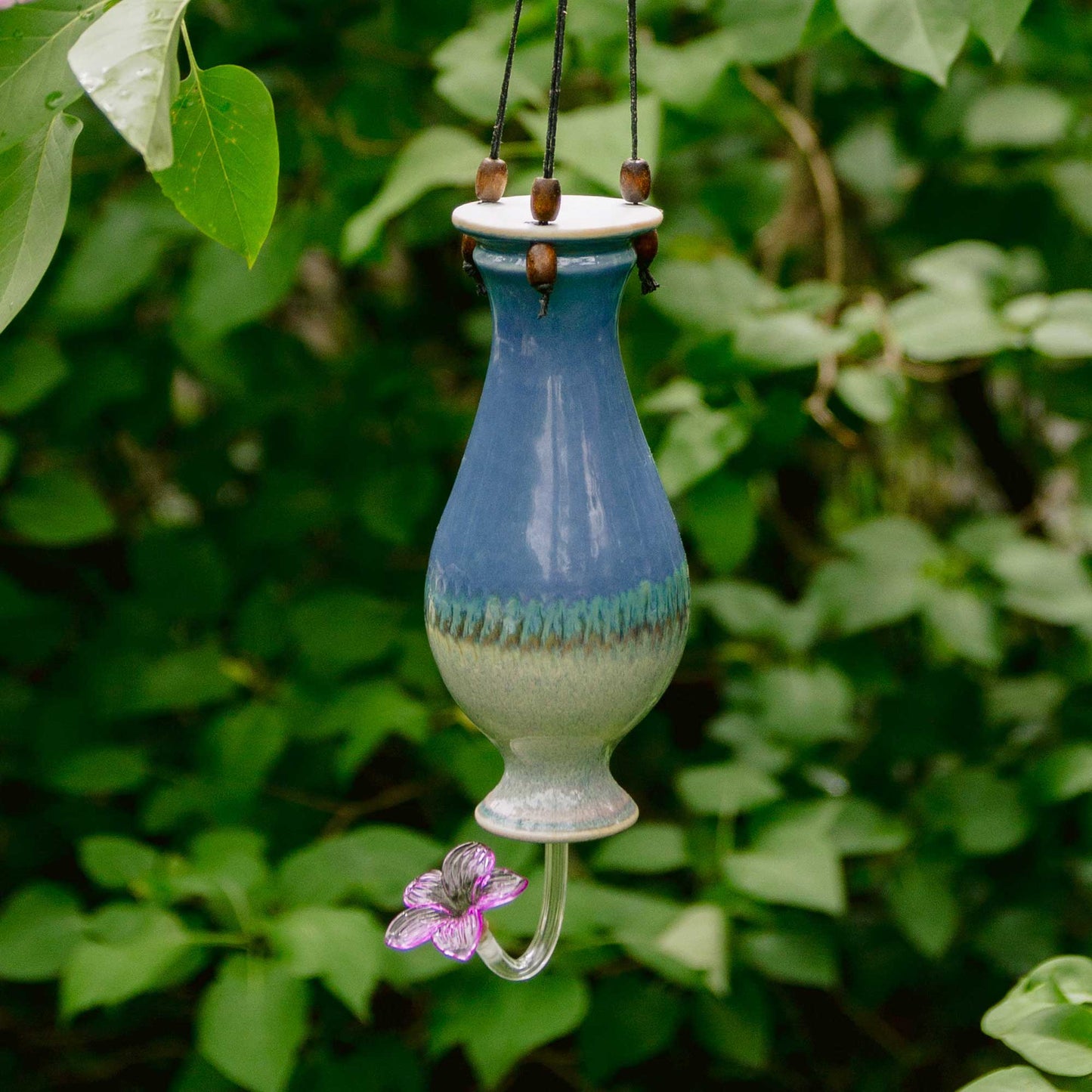Handmade Pottery Bottle Hummingbird Feeder in Blue Oribe pattern made by Carroccia Tony in Italy