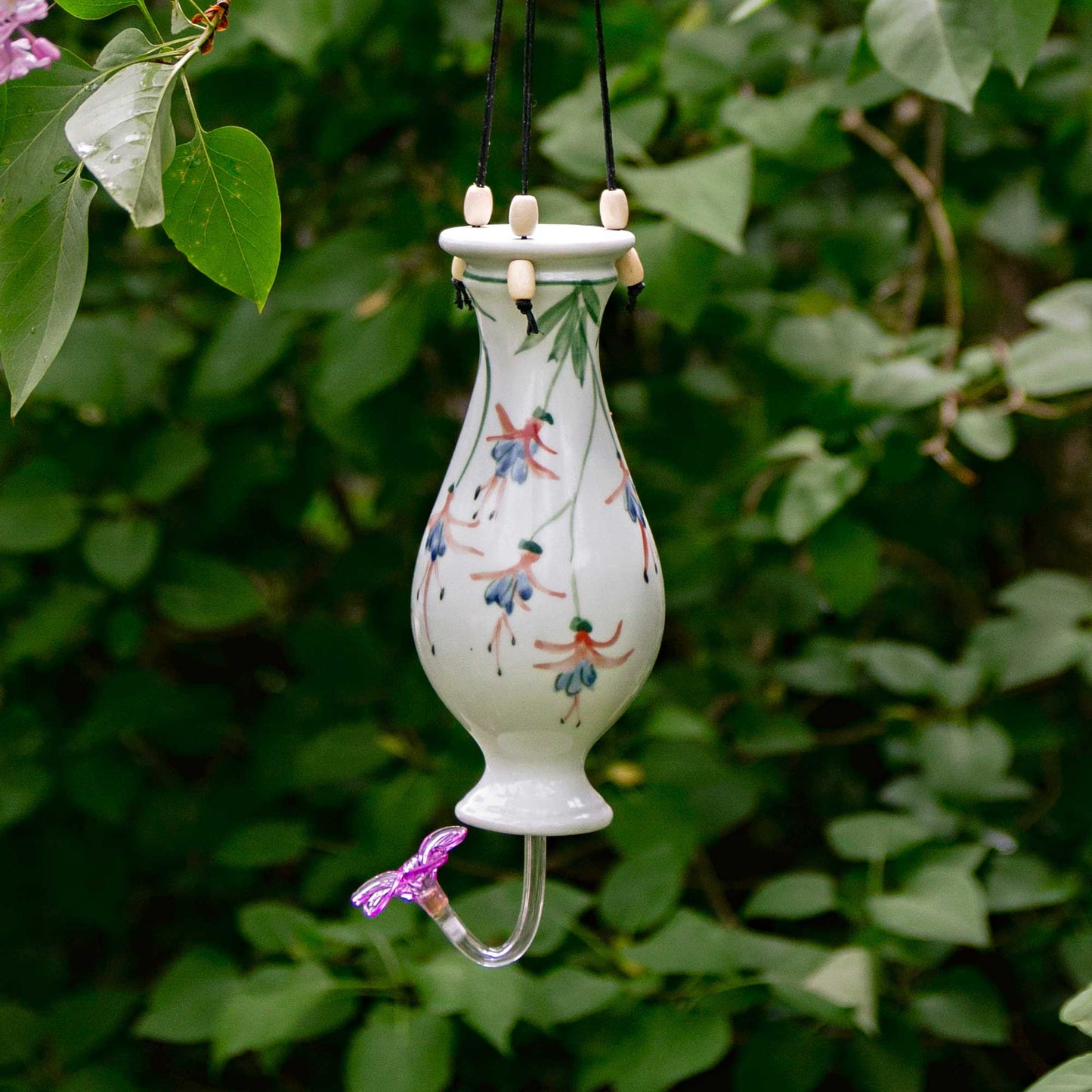 Handmade Pottery Bottle Hummingbird Feeder in Fuschia pattern made by Carroccia Tony in Italy