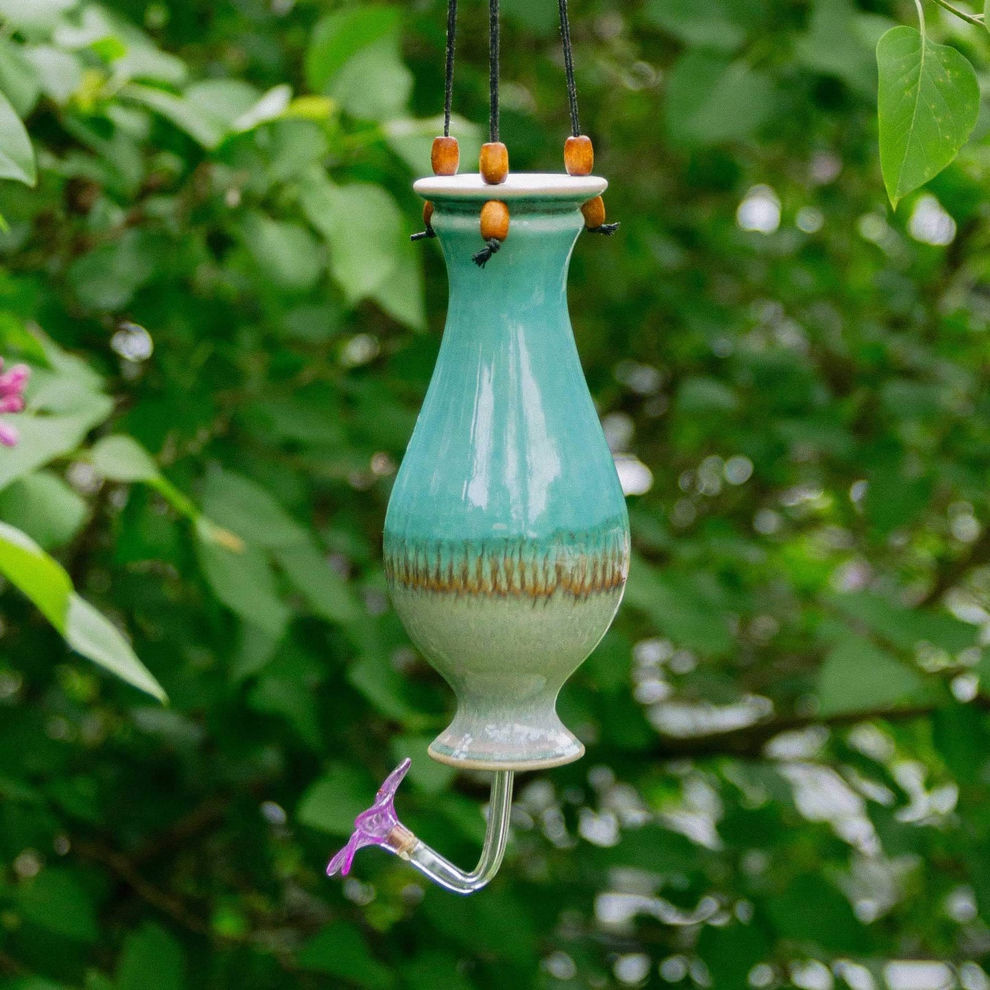 Handmade Pottery Bottle Hummingbird Feeder in Green Oribe pattern made by Carroccia Tony in Italy