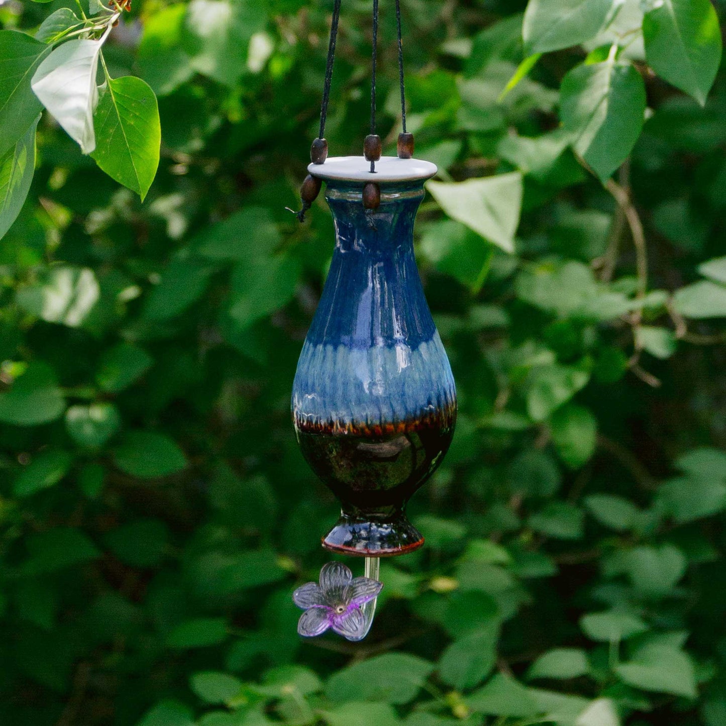 Handmade Pottery Bottle Hummingbird Feeder in Blue Hamada pattern made by Carroccia Tony in Italy