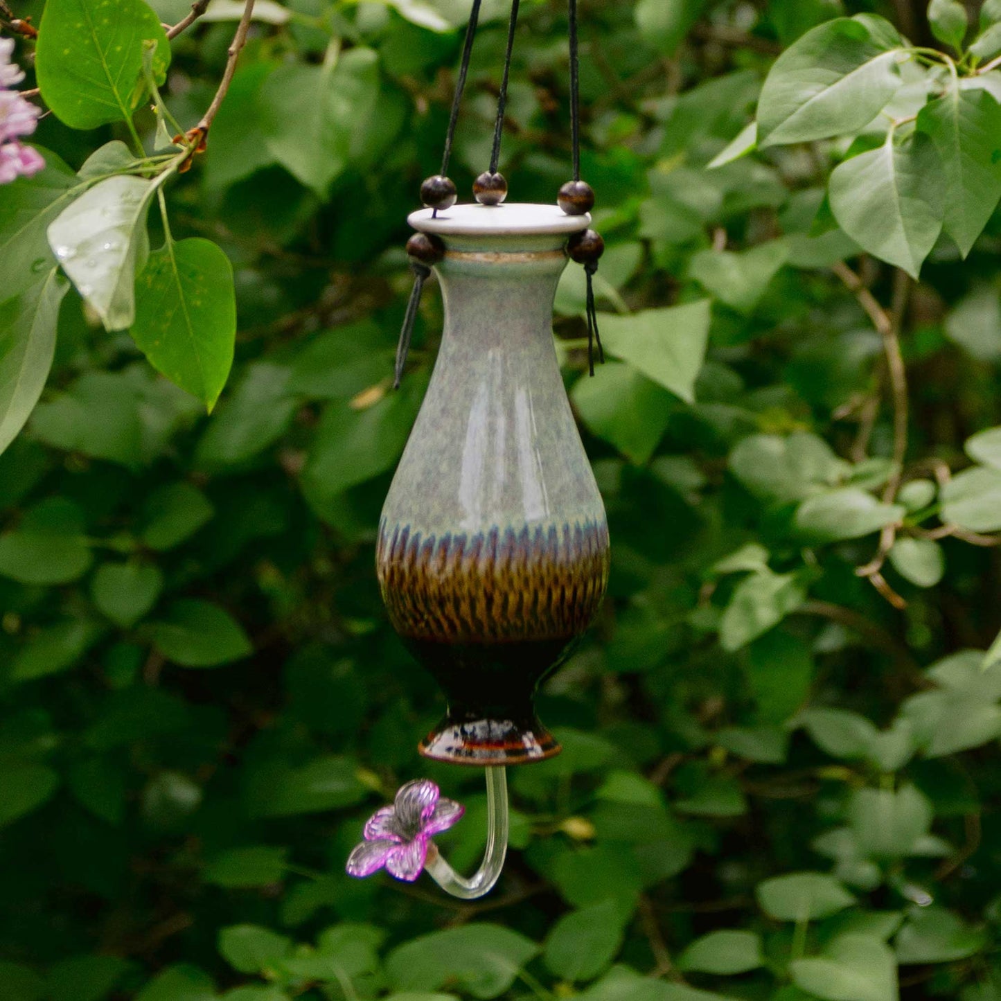 Handmade Pottery Bottle Hummingbird Feeder in Purple Hamada pattern made by Carroccia Tony in Italy