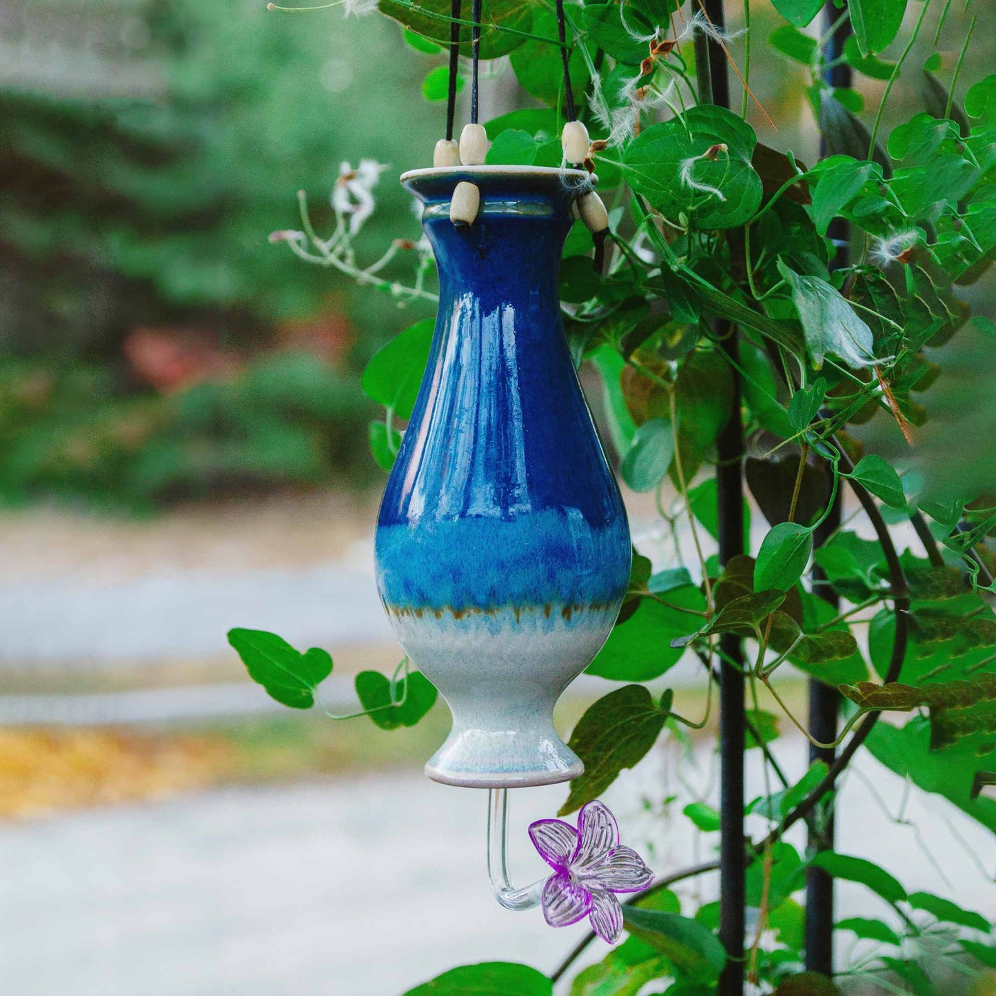 Handmade Pottery Bottle Hummingbird Feeder in Cobalt pattern made by Carroccia Tony in Italy