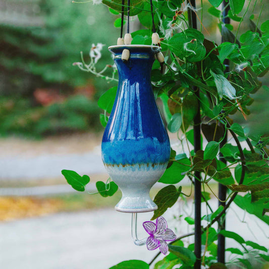 Handmade Pottery Bottle Hummingbird Feeder in Cobalt pattern made by Carroccia Tony  in Italy