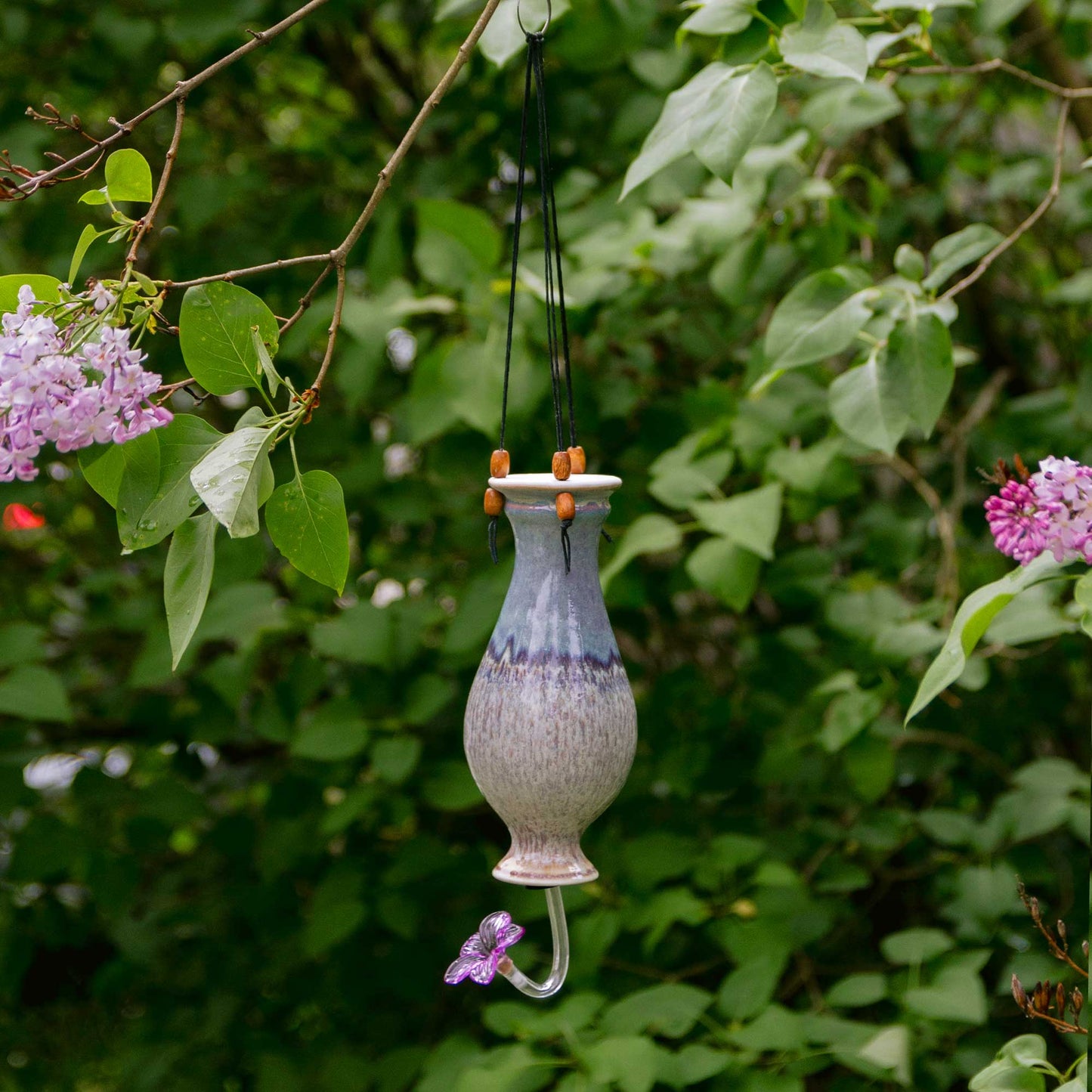 Handmade Pottery Bottle Hummingbird Feeder in Purple Nuka pattern made by Carroccia Tony in Italy